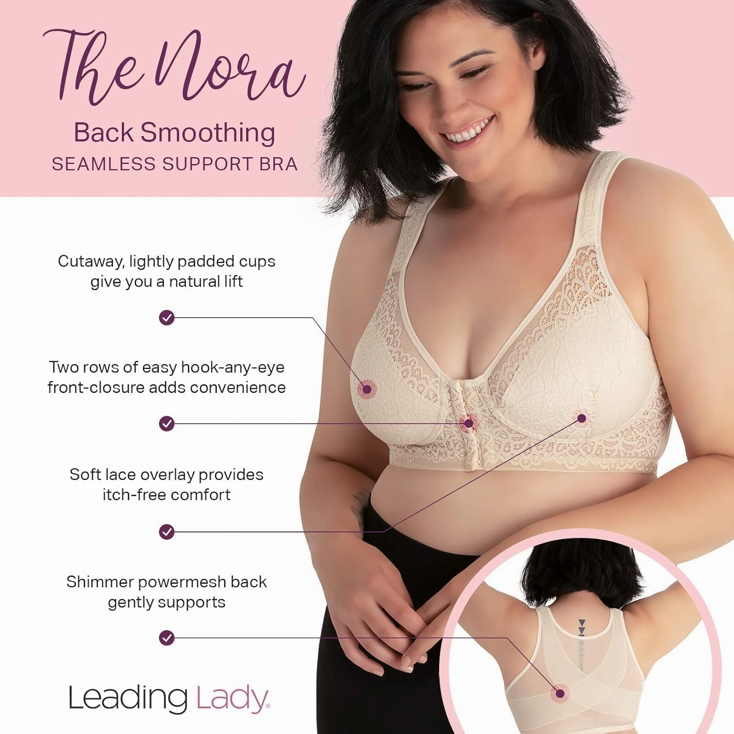 LEADING LADY, The Nora, Front-Closure Bra for Women, Lace Design, All Day Support, Wireless Band, Padded Cups, Mesh Back