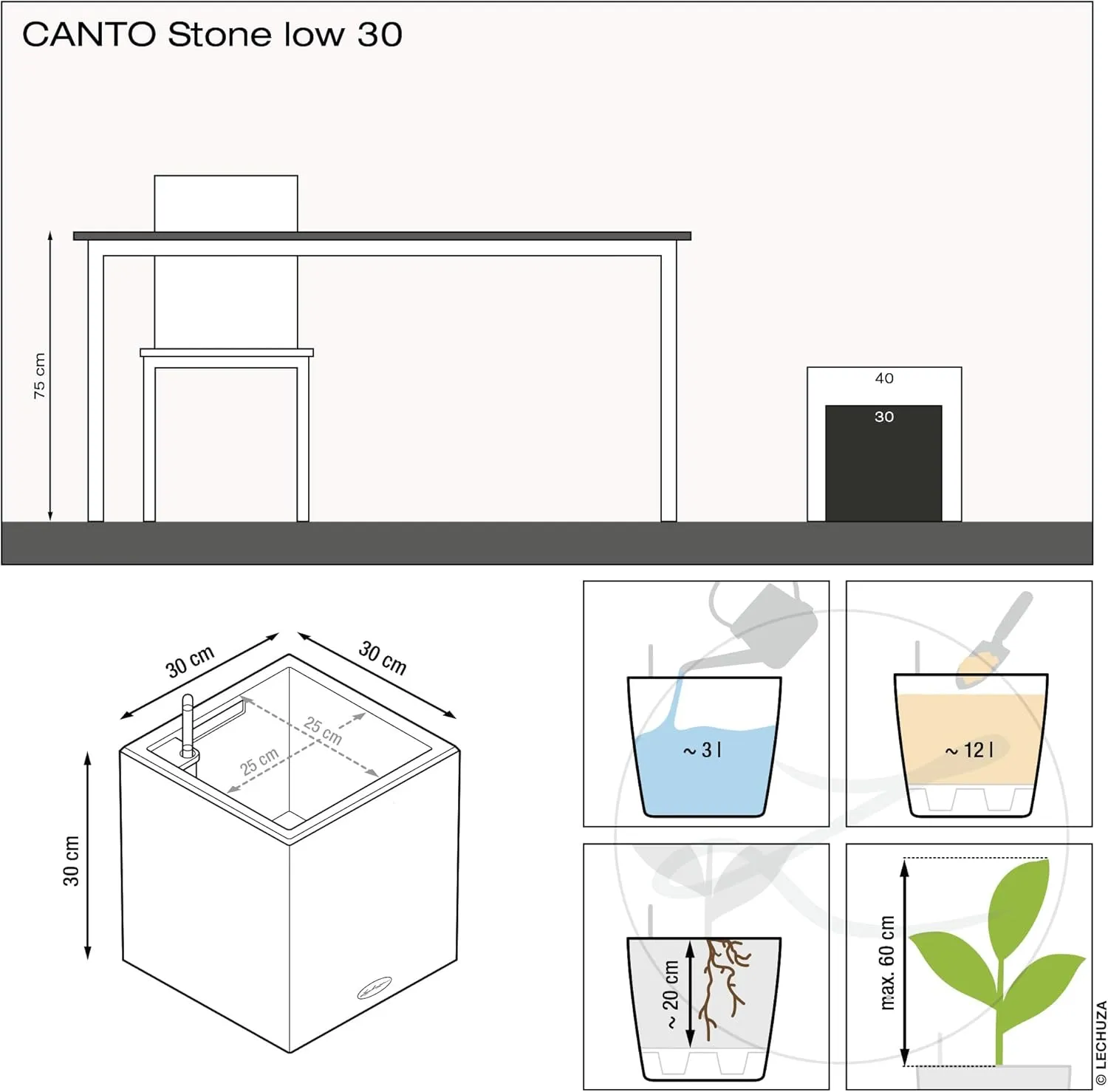 Lechuza 13707 Canto Stone 30 Low Self-Watering Planter for Indoor and Outdoor Use, 12" x 12" x 12", White