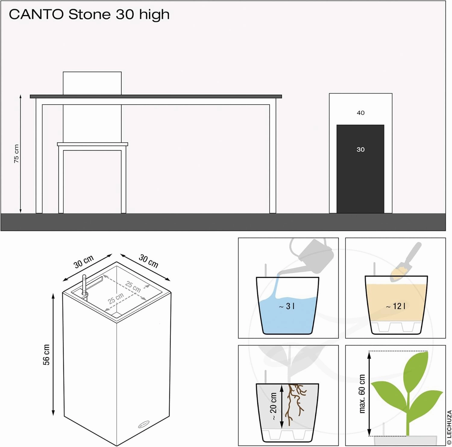 Lechuza 13607 Canto Stone 30 High Self-Watering Planter for Indoor and Outdoor Use, 12" x 12" x 22", White