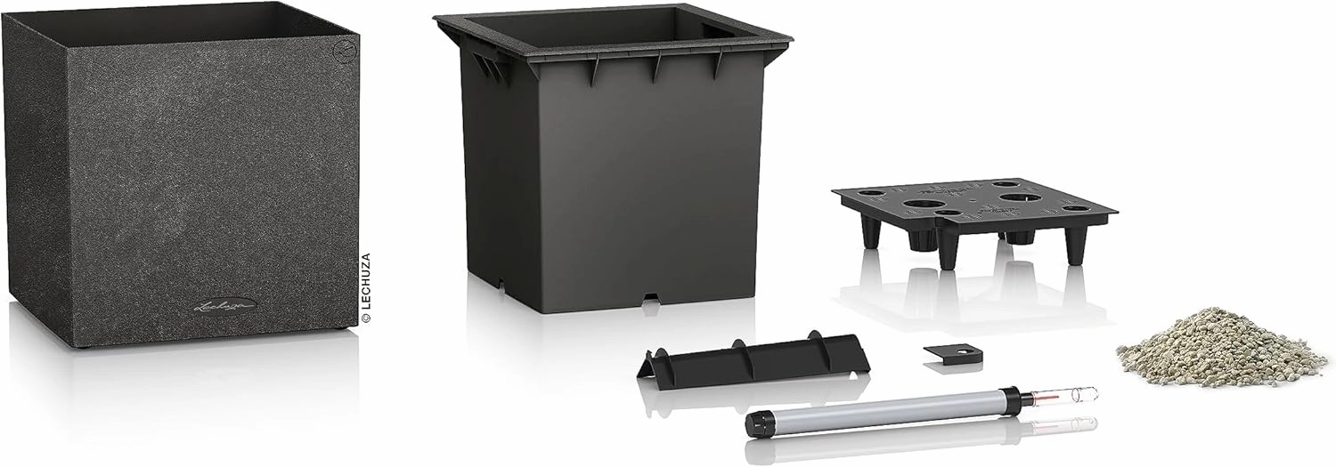 Lechuza 13722 Canto Stone Low Self-Watering Planter for Indoor and Outdoor Use, 16" x 16" x 16", Graphite Black