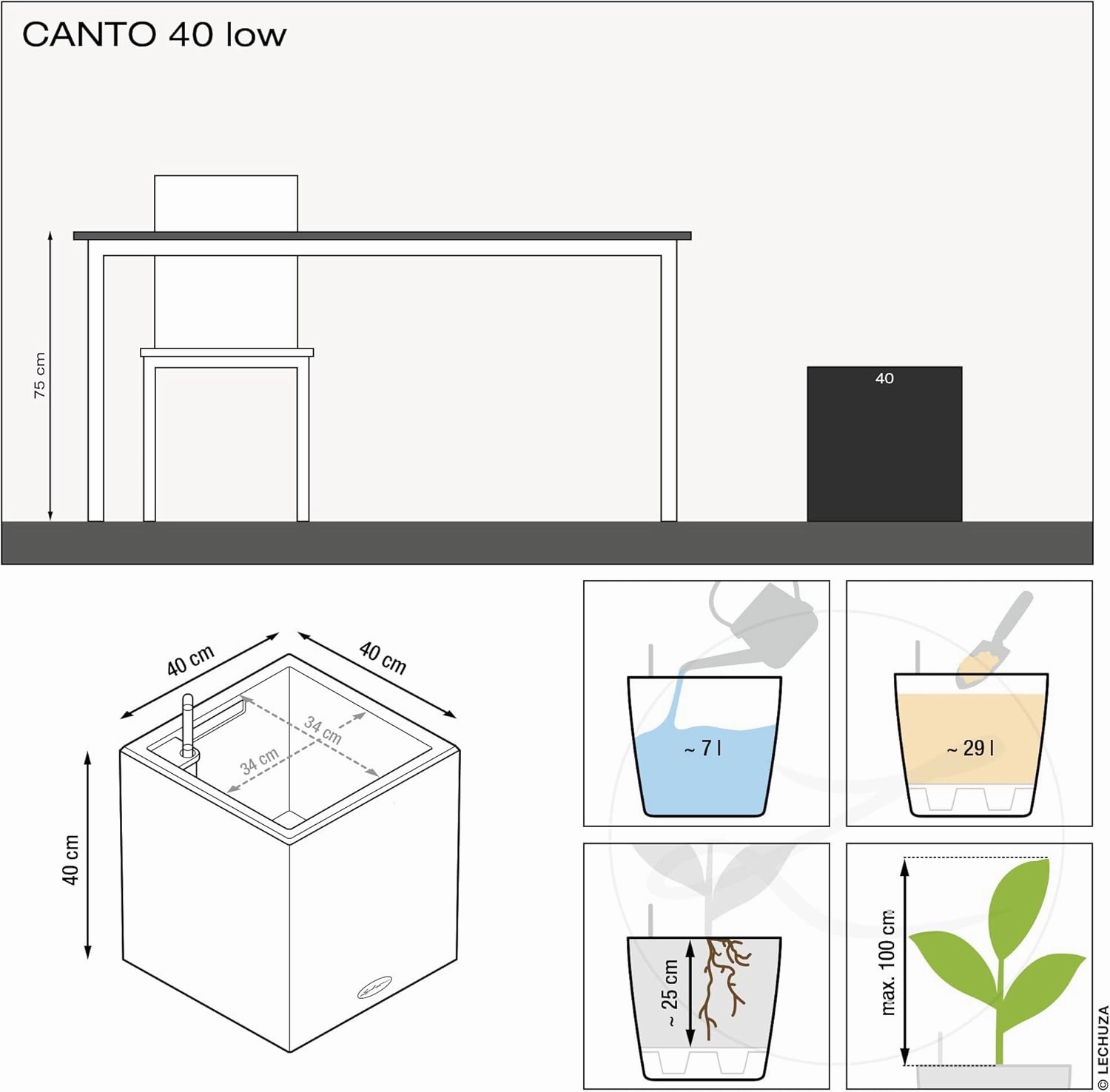 Lechuza 13722 Canto Stone Low Self-Watering Planter for Indoor and Outdoor Use, 16" x 16" x 16", Graphite Black