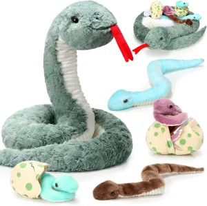 Leitee 7 Pcs Snake Plush Toy Set 63 Inch Large Mommy Snake Stuffed Animal with Cute Baby and Eggs in Zippered Belly for Kids Birthday Forest Party Favors Prank Props Bedroom Decors(Vivid Style)