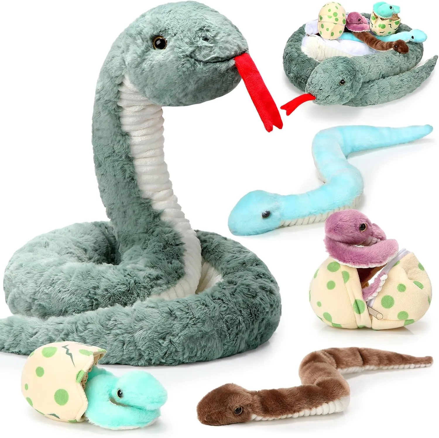 Leitee 7 Pcs Snake Plush Toy Set 63 Inch Large Mommy Snake Stuffed Animal with Cute Baby and Eggs in Zippered Belly for Kids Birthday Forest Party Favors Prank Props Bedroom Decors(Vivid Style)