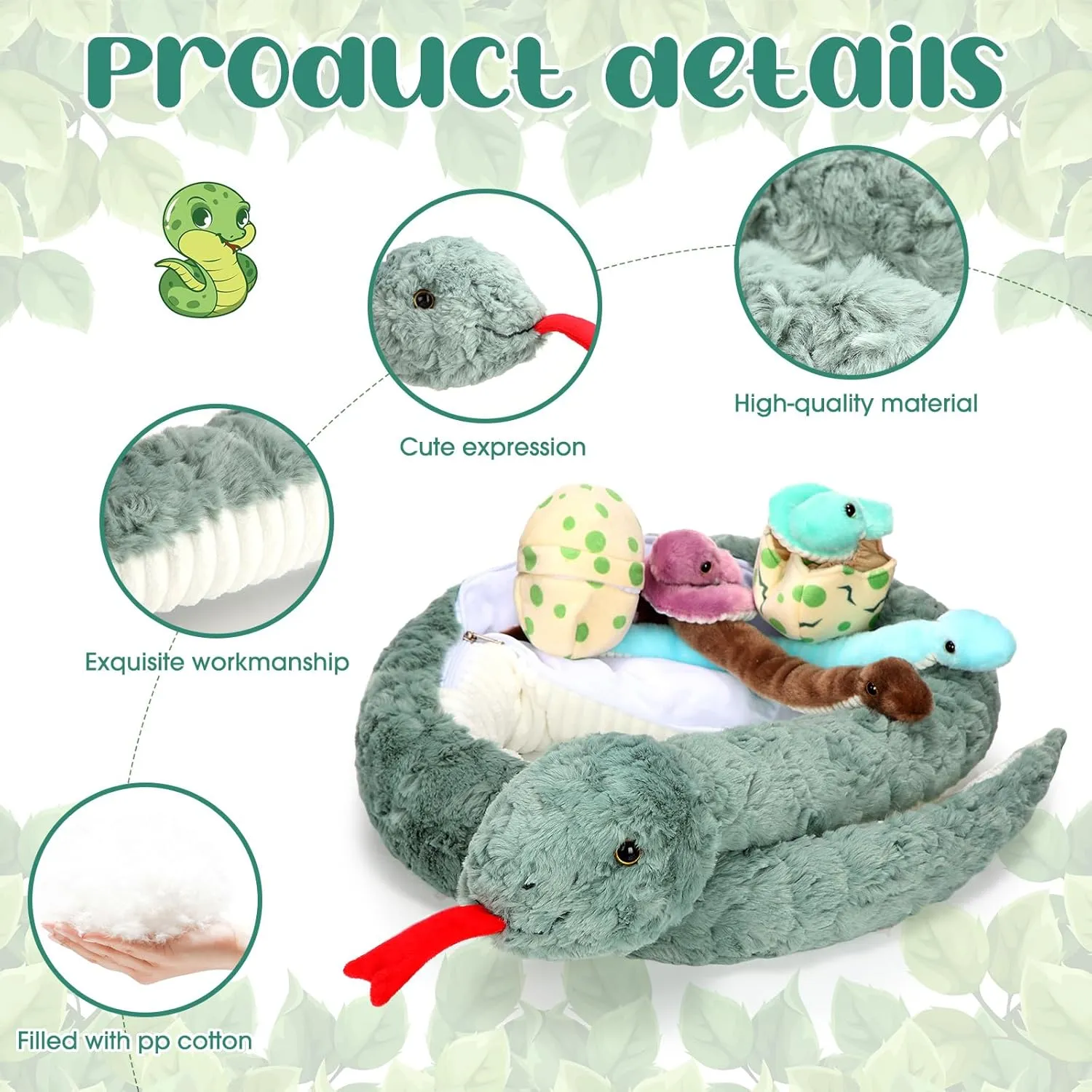 Leitee 7 Pcs Snake Plush Toy Set 63 Inch Large Mommy Snake Stuffed Animal with Cute Baby and Eggs in Zippered Belly for Kids Birthday Forest Party Favors Prank Props Bedroom Decors(Vivid Style)