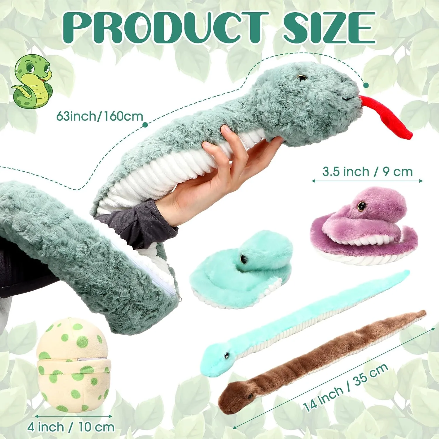 Leitee 7 Pcs Snake Plush Toy Set 63 Inch Large Mommy Snake Stuffed Animal with Cute Baby and Eggs in Zippered Belly for Kids Birthday Forest Party Favors Prank Props Bedroom Decors(Vivid Style)
