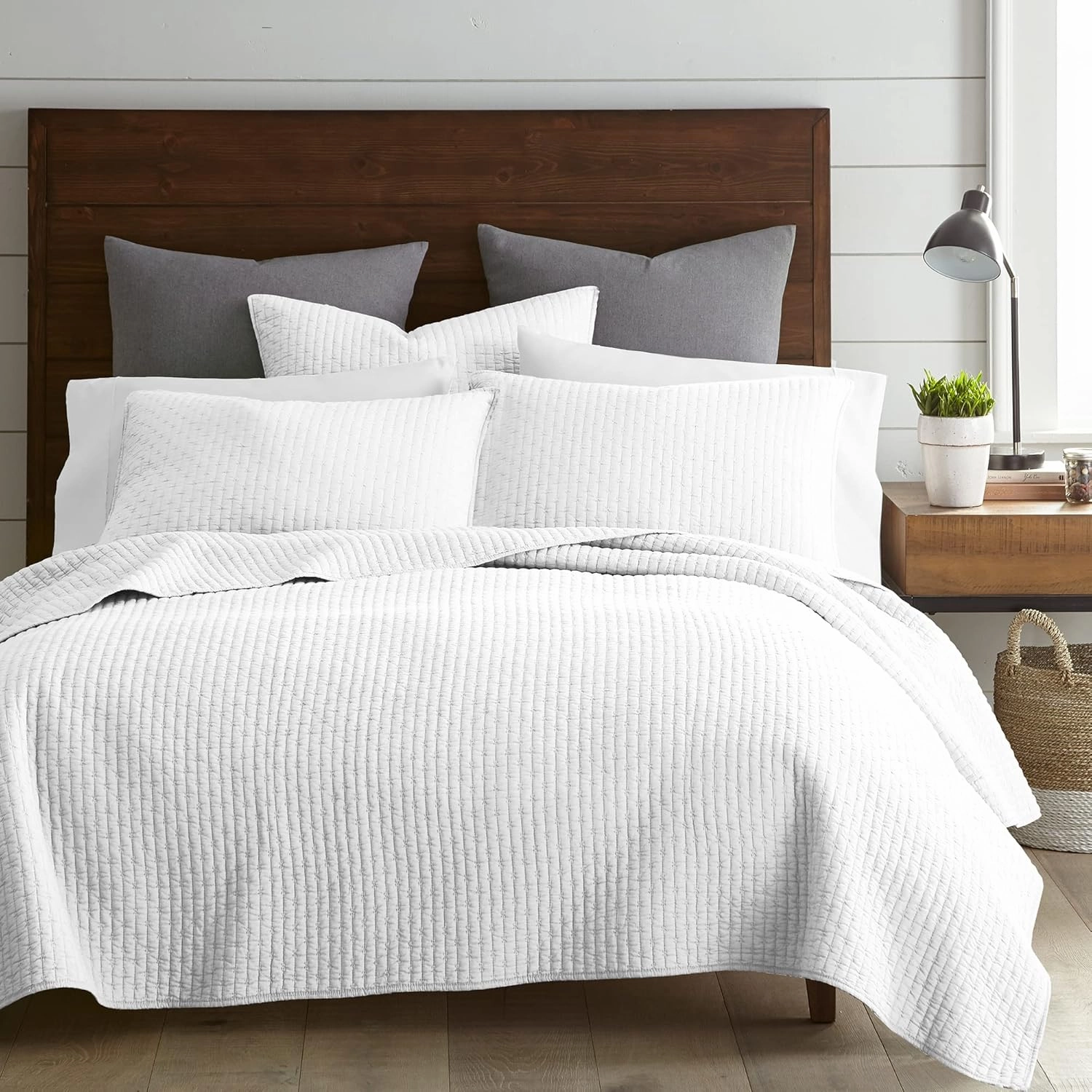 Levtex Home - Cross Stitch Bright White Quilt Set - 100% Cotton - King/Cal King Quilt (106x92in.)   2 King Shams (36x20in.) - Reversible - Cotton Fabric