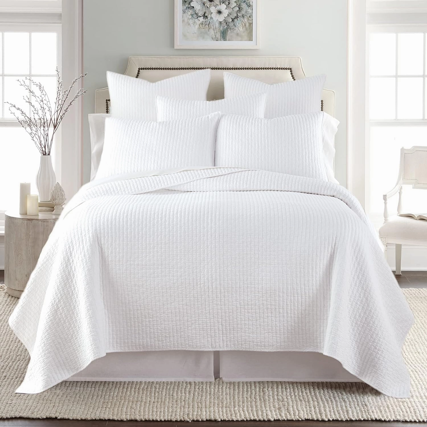 Levtex Home - Cross Stitch Bright White Quilt Set - 100% Cotton - King/Cal King Quilt (106x92in.)   2 King Shams (36x20in.) - Reversible - Cotton Fabric