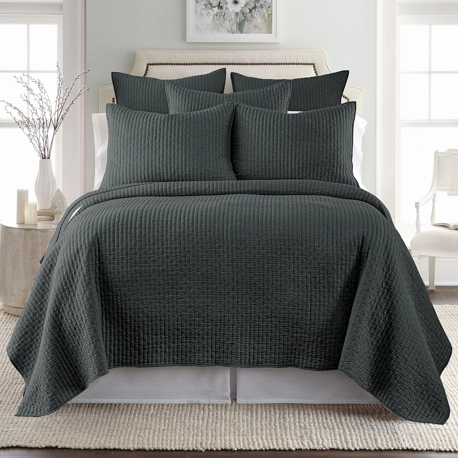 Levtex Home - Cross Stitch Charcoal Quilt Set - King/Cal King Quilt (106x92in.)   2 King Shams (36x20in.) - Reversible - Cotton Fabric