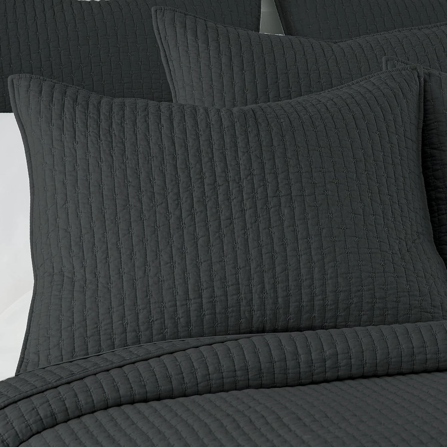 Levtex Home - Cross Stitch Charcoal Quilt Set - King/Cal King Quilt (106x92in.)   2 King Shams (36x20in.) - Reversible - Cotton Fabric