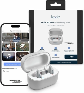 Lexie B2 Plus OTC Hearing Aids Powered by Bose - Premium Wireless Charging Case, Rechargeable Hearing Aids with App Control, Self-Fit, Noise Reduction, Bluetooth Enabled Calls on iOS & Android (Gray)
