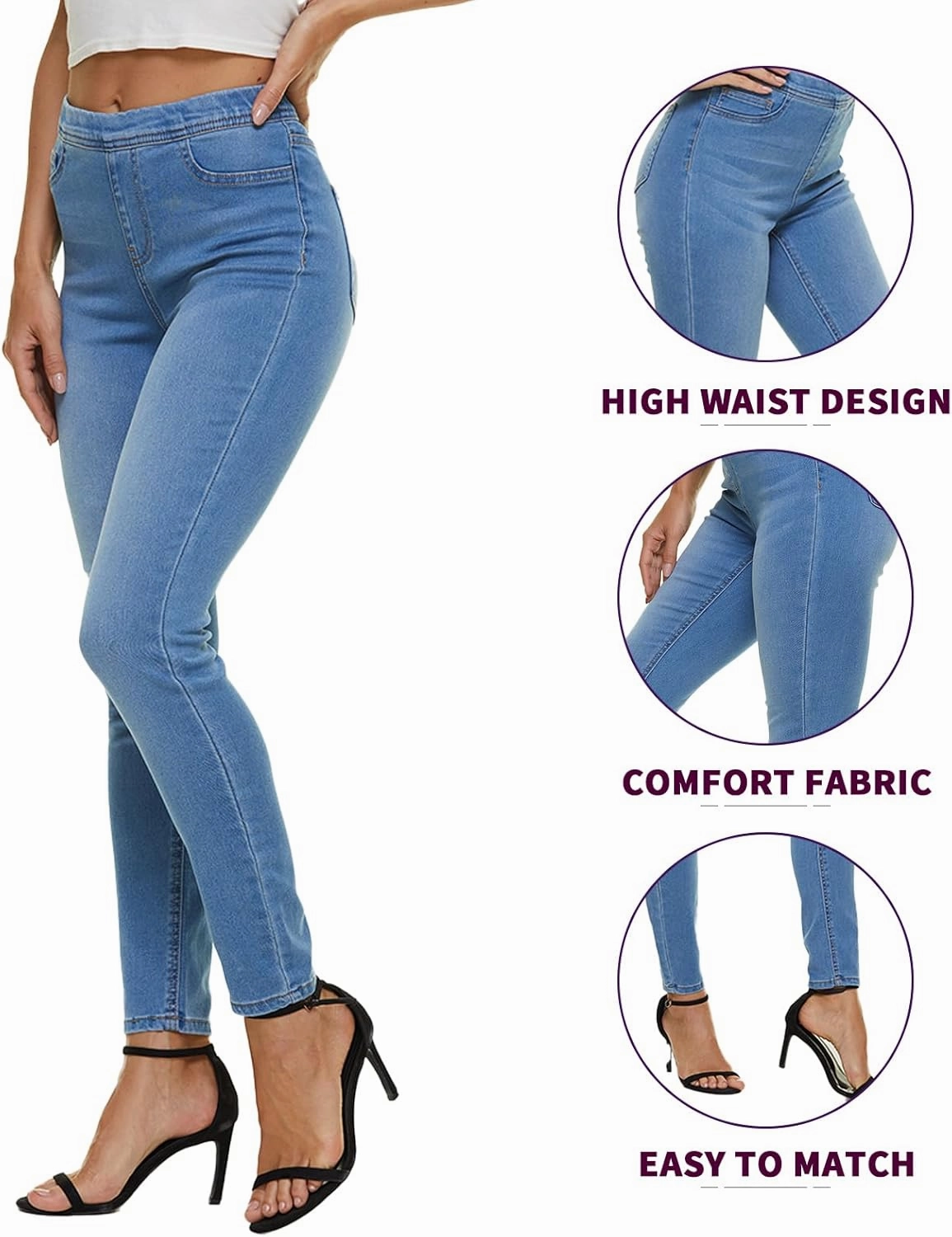 LICTZNEE Jeggings for Women High Waist, Stretchy Jeans Slim Fit Leg Pull on Jean with Pockets, Soft Breathable Cotton Blend