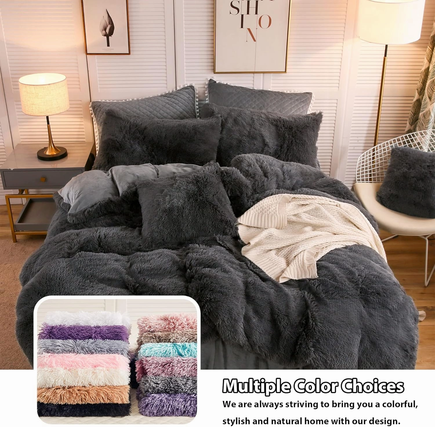 LIFEREVO 2 Pack Faux Fur Pillow Shams,Shaggy Plush Home Decorative Luxury Series Super Soft Furry Pillow Case with Zipper Closure for Home Sofa Couch Decoration,Standard Queen(Dark Gray,20"x26")