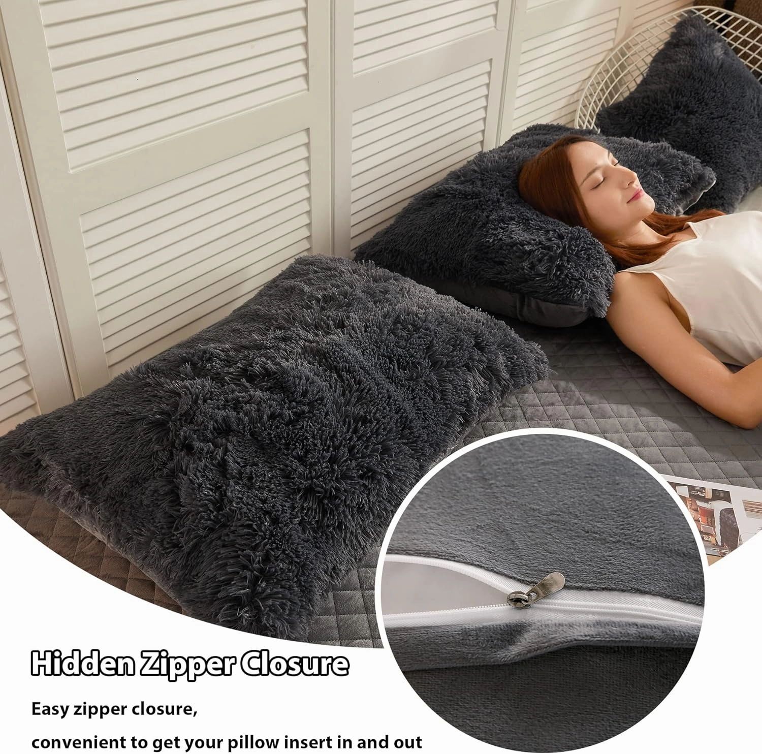 LIFEREVO 2 Pack Faux Fur Pillow Shams,Shaggy Plush Home Decorative Luxury Series Super Soft Furry Pillow Case with Zipper Closure for Home Sofa Couch Decoration,Standard Queen(Dark Gray,20"x26")