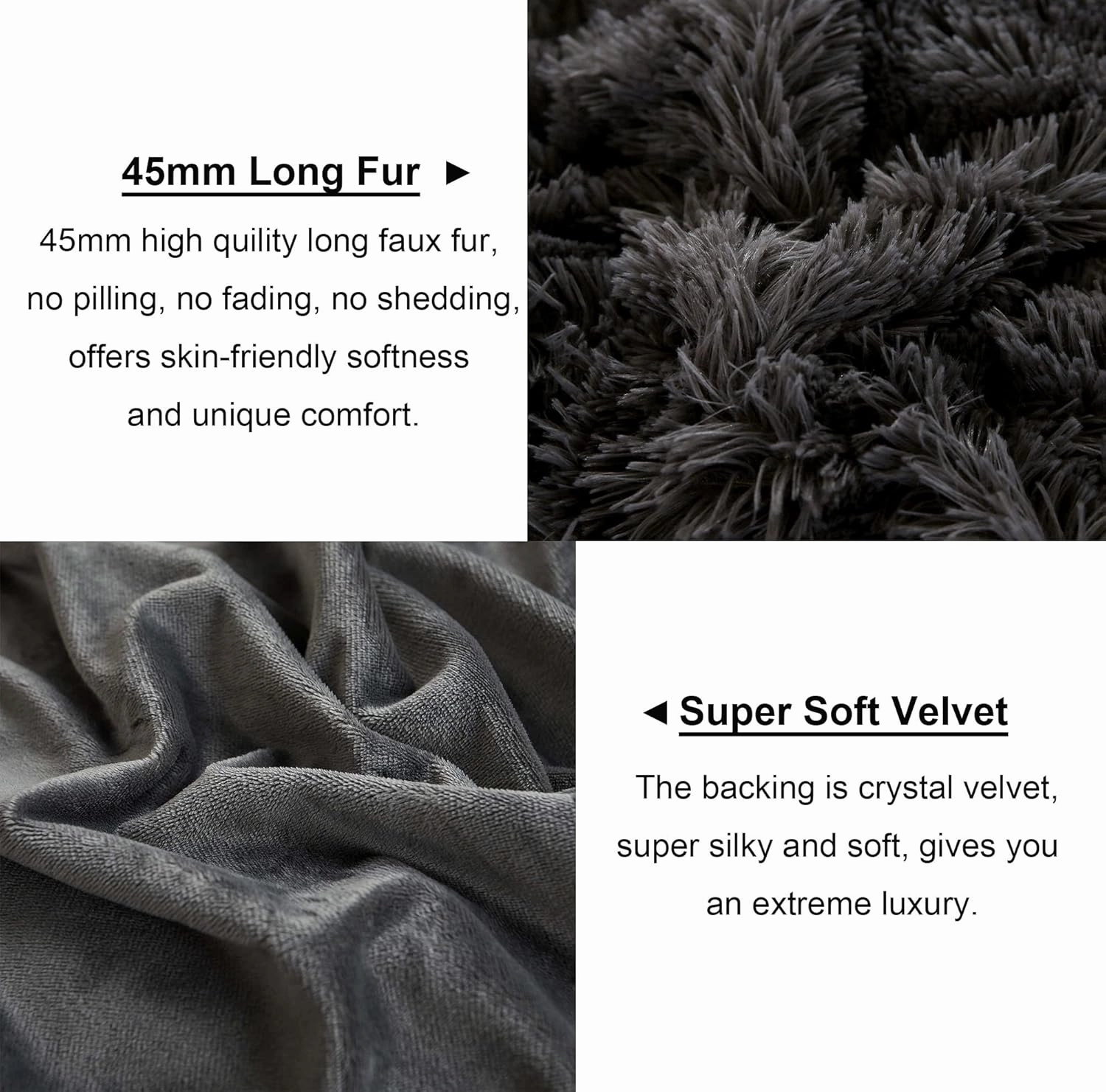 LIFEREVO 2 Pack Faux Fur Pillow Shams,Shaggy Plush Home Decorative Luxury Series Super Soft Furry Pillow Case with Zipper Closure for Home Sofa Couch Decoration,Standard Queen(Dark Gray,20"x26")