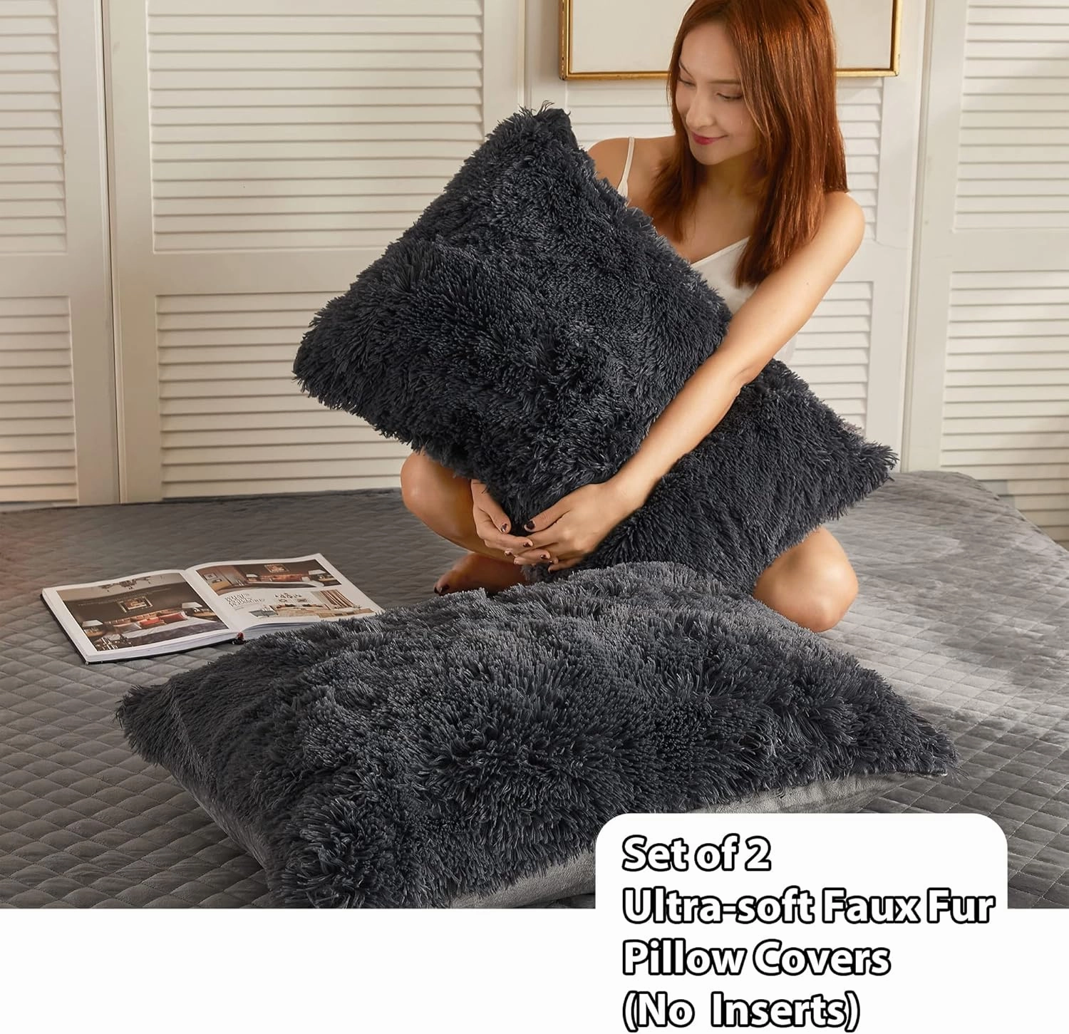 LIFEREVO 2 Pack Faux Fur Pillow Shams,Shaggy Plush Home Decorative Luxury Series Super Soft Furry Pillow Case with Zipper Closure for Home Sofa Couch Decoration,Standard Queen(Dark Gray,20"x26")