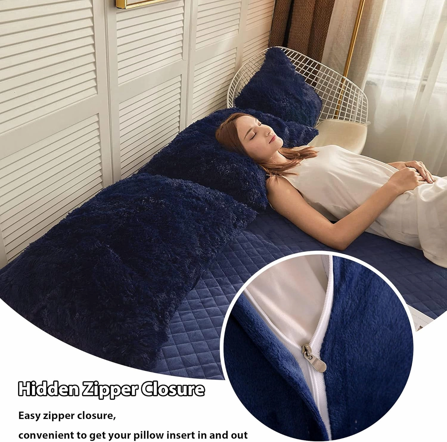 LIFEREVO 2 Pack Royal Blue Faux Fur Pillow Shams,Shaggy Plush Home Decorative Luxury Series Super Soft Furry Pillow Case with Zipper Closure for Home Sofa Couch Decoration,Standard (Navy,20"x26")