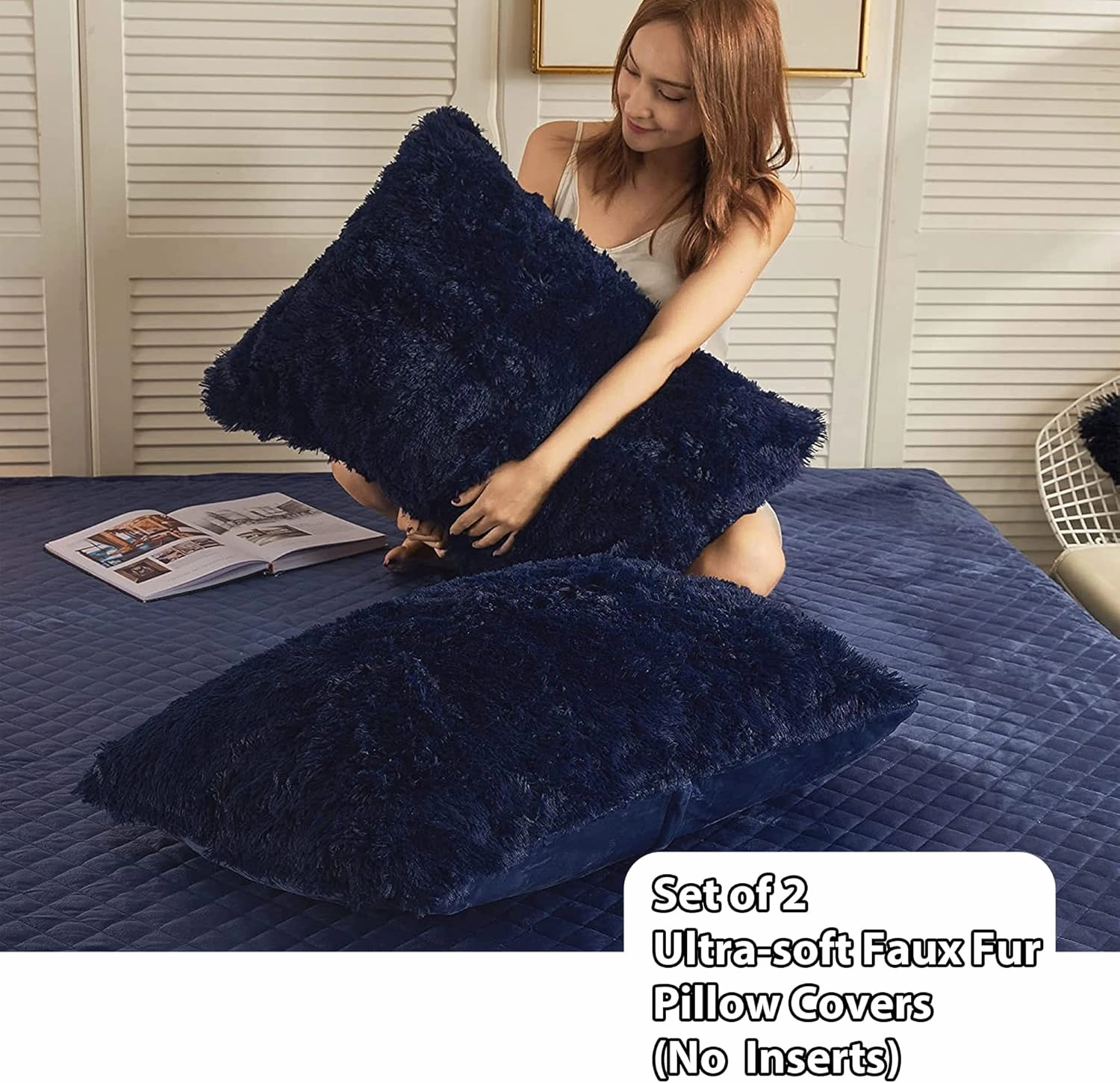LIFEREVO 2 Pack Royal Blue Faux Fur Pillow Shams,Shaggy Plush Home Decorative Luxury Series Super Soft Furry Pillow Case with Zipper Closure for Home Sofa Couch Decoration,Standard (Navy,20"x26")