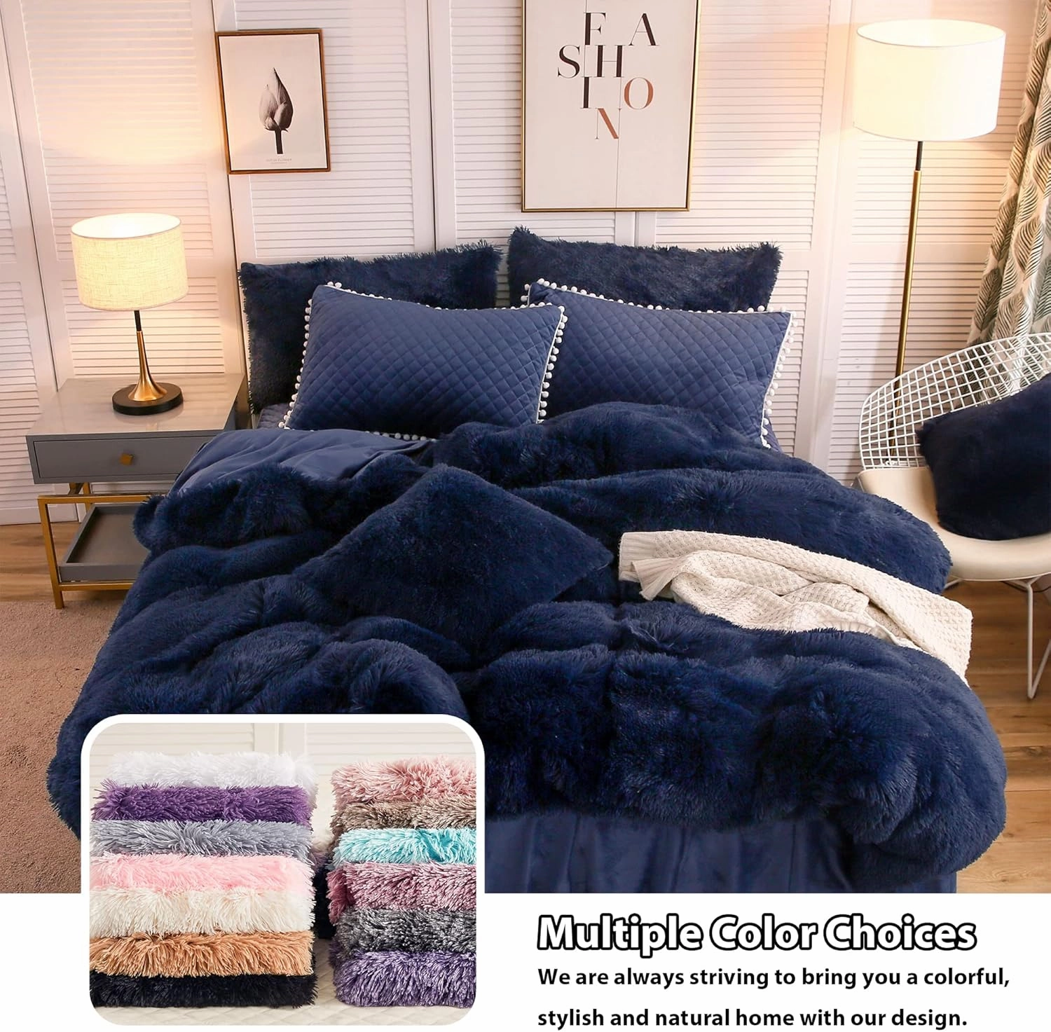 LIFEREVO 2 Pack Royal Blue Faux Fur Pillow Shams,Shaggy Plush Home Decorative Luxury Series Super Soft Furry Pillow Case with Zipper Closure for Home Sofa Couch Decoration,Standard (Navy,20"x26")