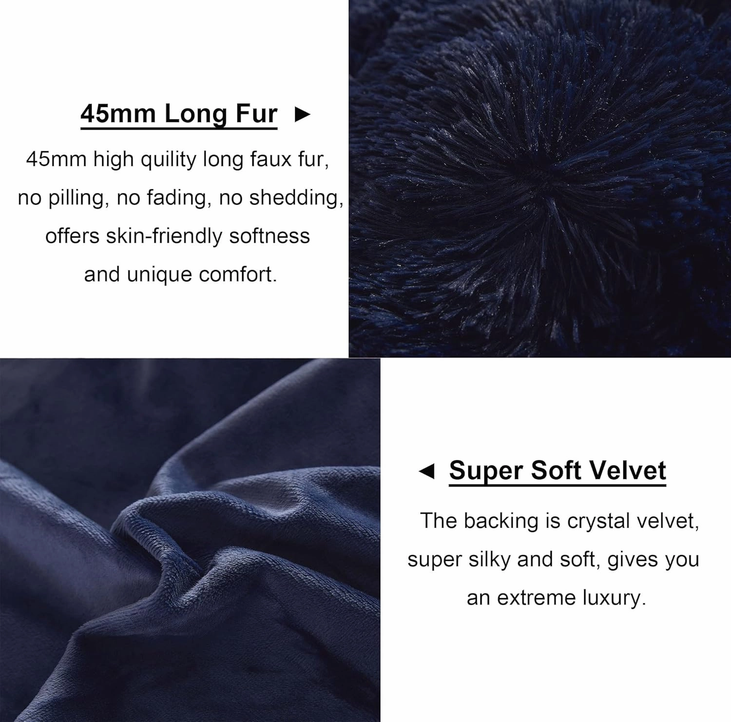 LIFEREVO 2 Pack Royal Blue Faux Fur Pillow Shams,Shaggy Plush Home Decorative Luxury Series Super Soft Furry Pillow Case with Zipper Closure for Home Sofa Couch Decoration,Standard (Navy,20"x26")