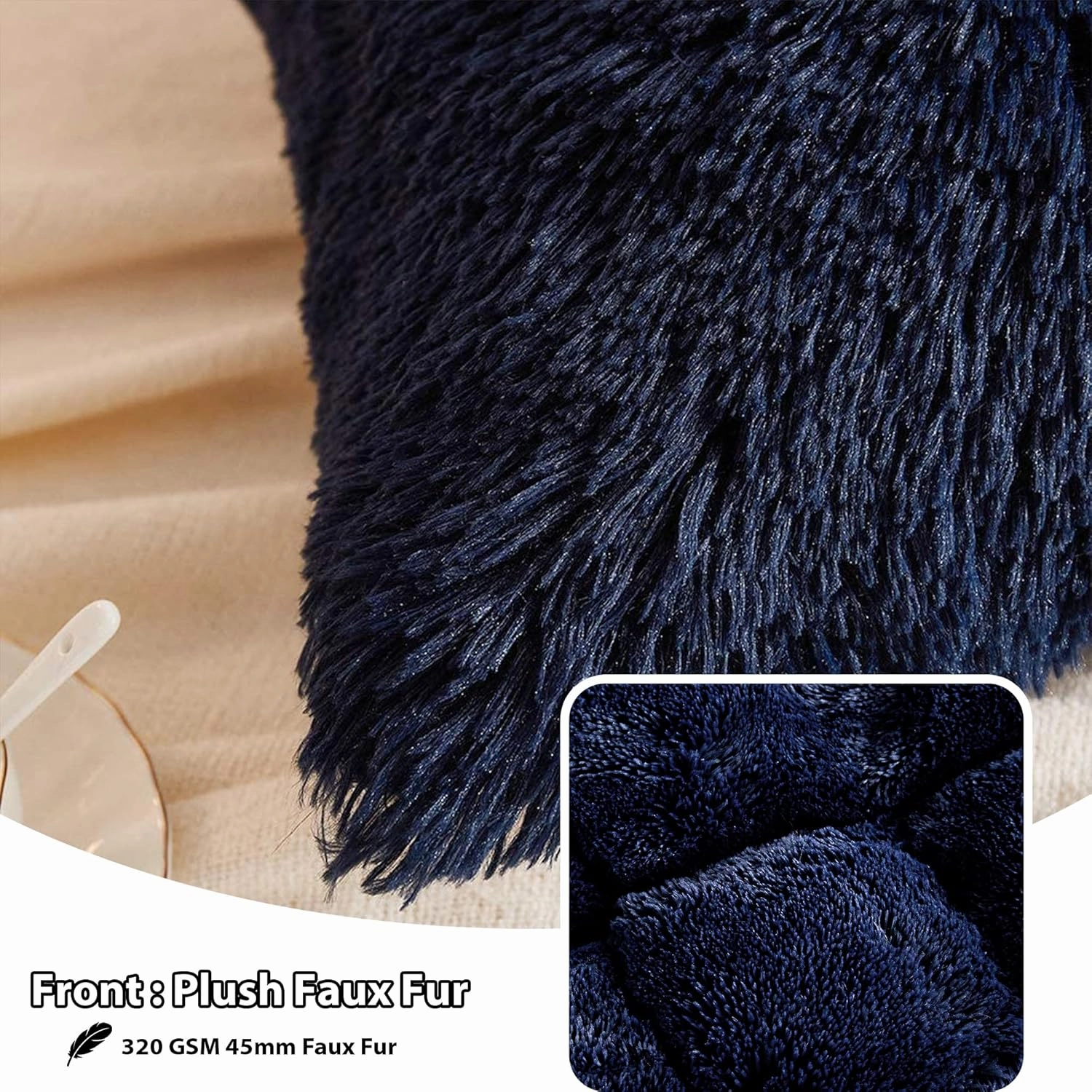 LIFEREVO 2 Pack Royal Blue Faux Fur Pillow Shams,Shaggy Plush Home Decorative Luxury Series Super Soft Furry Pillow Case with Zipper Closure for Home Sofa Couch Decoration,Standard (Navy,20"x26")