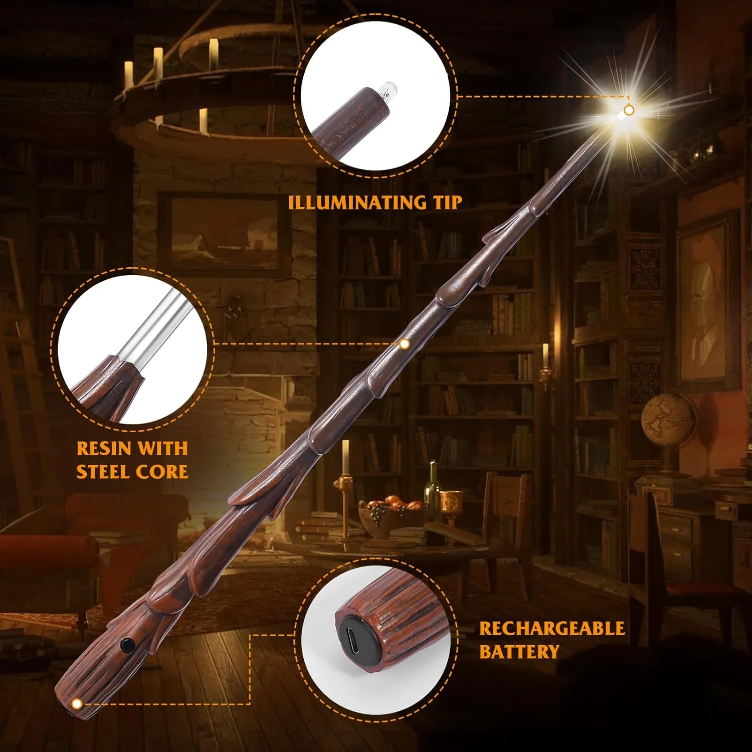 Light Up Magic Wizard Wand Rechargeable Illuminating Golden Wands for Witches Kids Boys Girls Party Gift, Bud