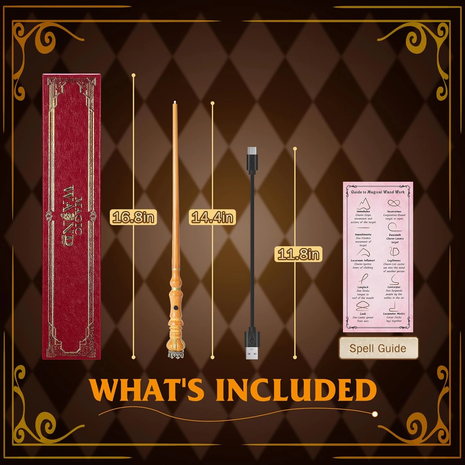 Light Up Magic Wizard Wand Rechargeable Illuminating Golden Wands for Witches Kids Boys Girls Party Gift, Crown
