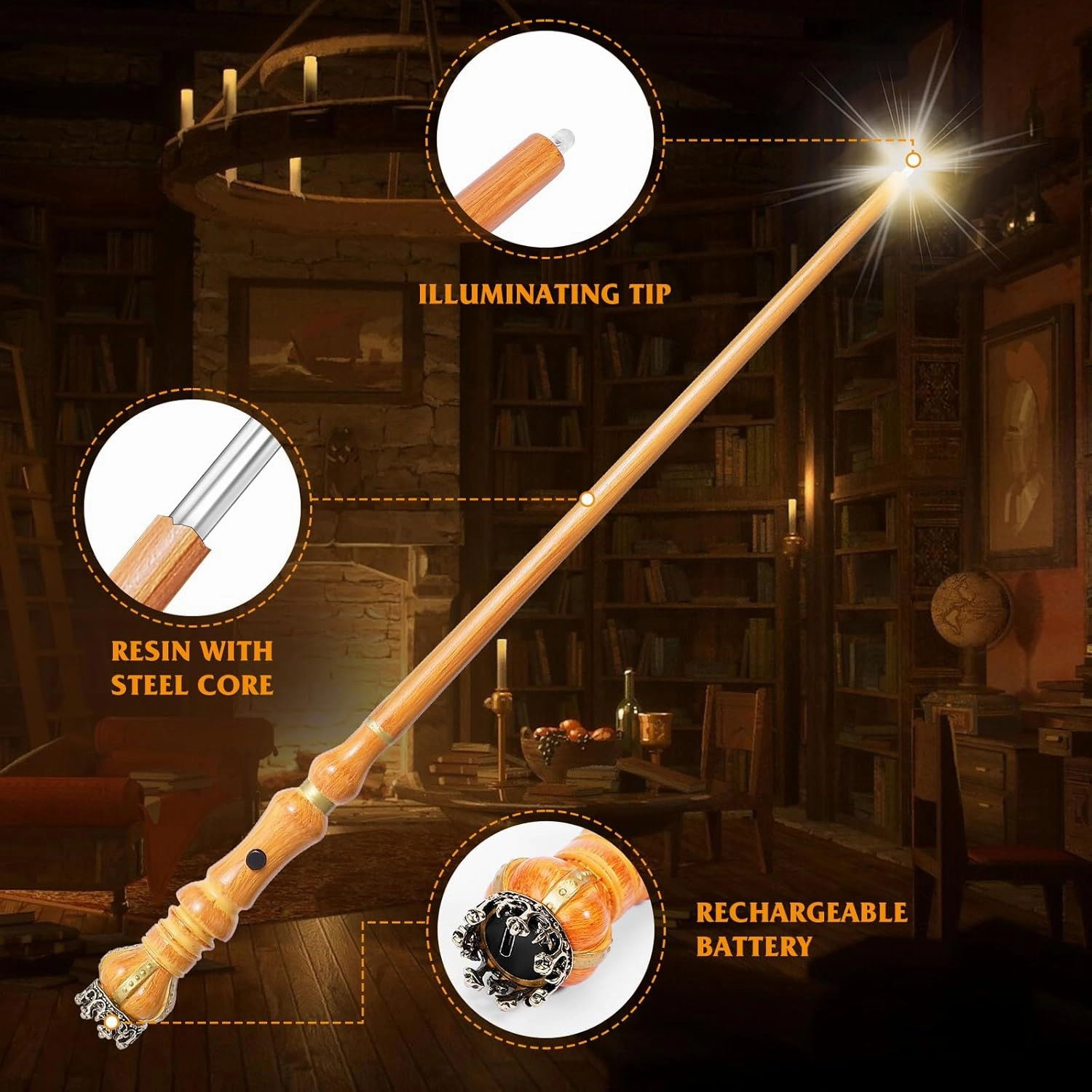 Light Up Magic Wizard Wand Rechargeable Illuminating Golden Wands for Witches Kids Boys Girls Party Gift, Crown