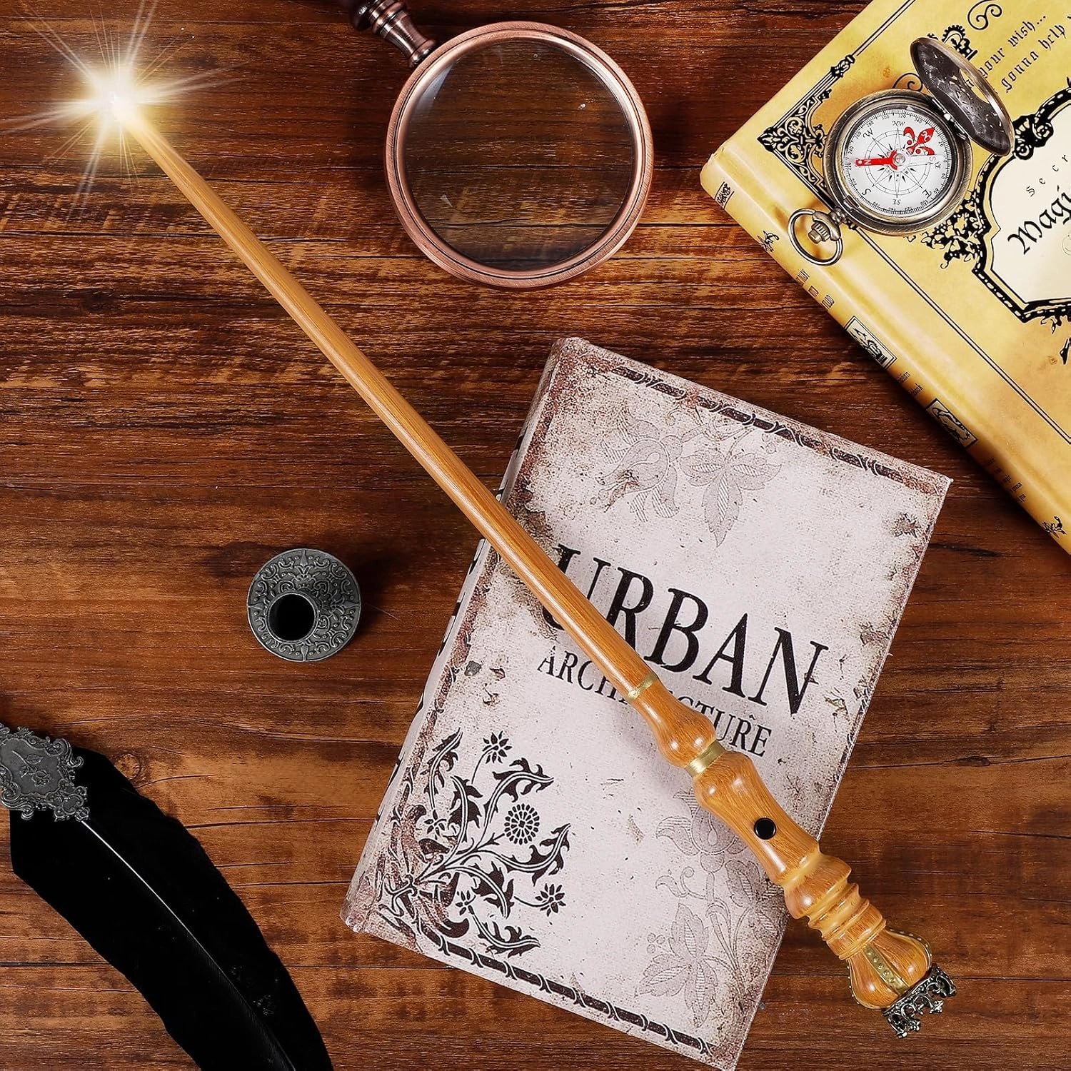 Light Up Magic Wizard Wand Rechargeable Illuminating Golden Wands for Witches Kids Boys Girls Party Gift, Crown