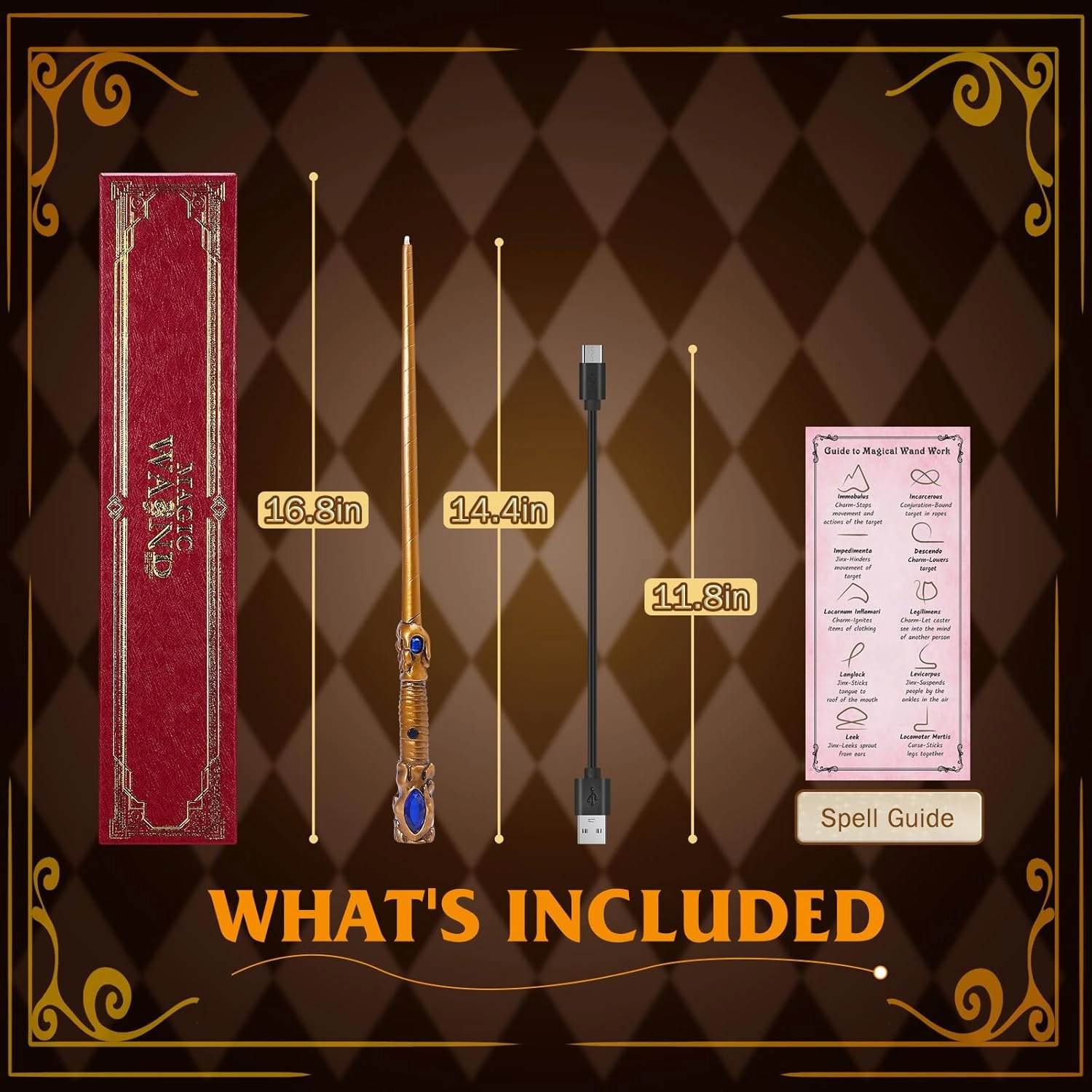Light Up Magic Wizard Wand Rechargeable Illuminating Golden Wands for Witches Kids Boys Girls Party Gift, Jewel