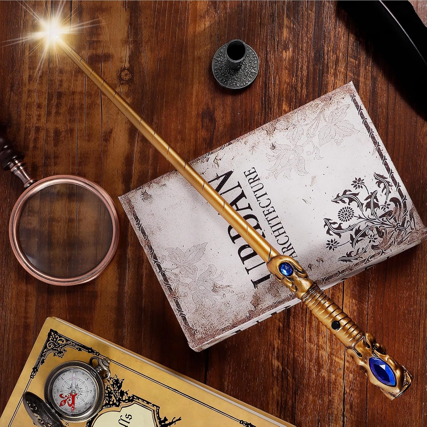 Light Up Magic Wizard Wand Rechargeable Illuminating Golden Wands for Witches Kids Boys Girls Party Gift, Jewel