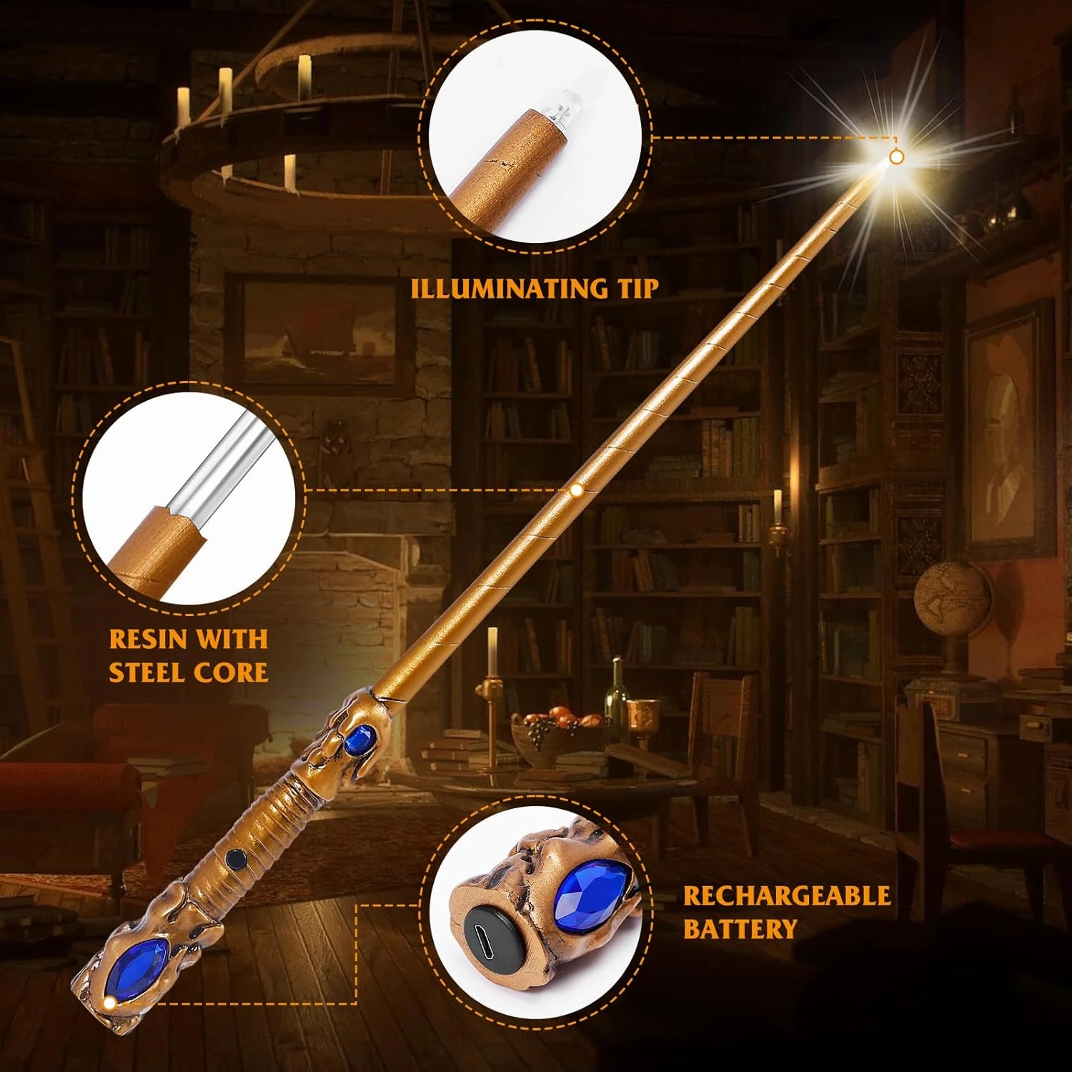 Light Up Magic Wizard Wand Rechargeable Illuminating Golden Wands for Witches Kids Boys Girls Party Gift, Jewel