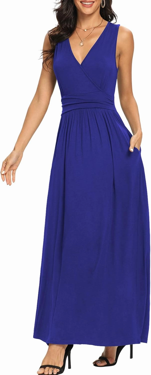 LILBETTER Women Sleeveless Deep V Neck Loose Plain Long Maxi Casual Dress