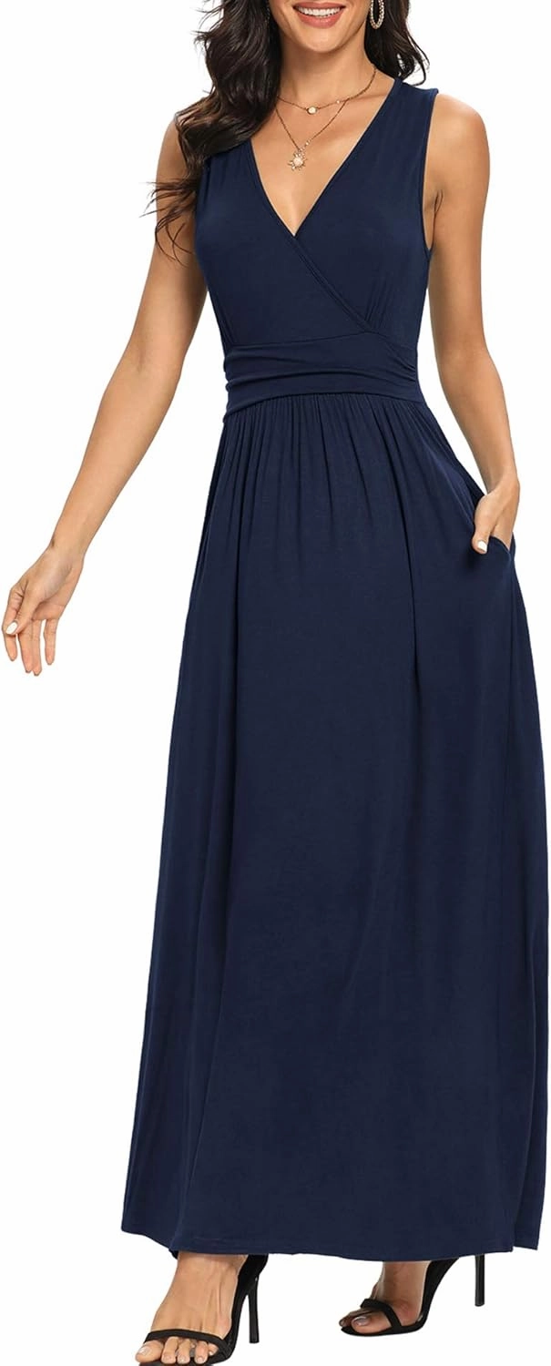 LILBETTER Women Sleeveless Deep V Neck Loose Plain Long Maxi Casual Dress