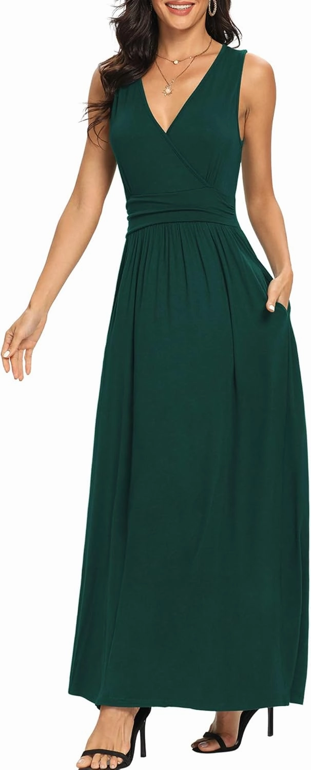 LILBETTER Women Sleeveless Deep V Neck Loose Plain Long Maxi Casual Dress