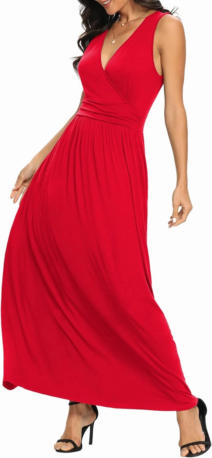 LILBETTER Women Sleeveless Deep V Neck Loose Plain Long Maxi Casual Dress