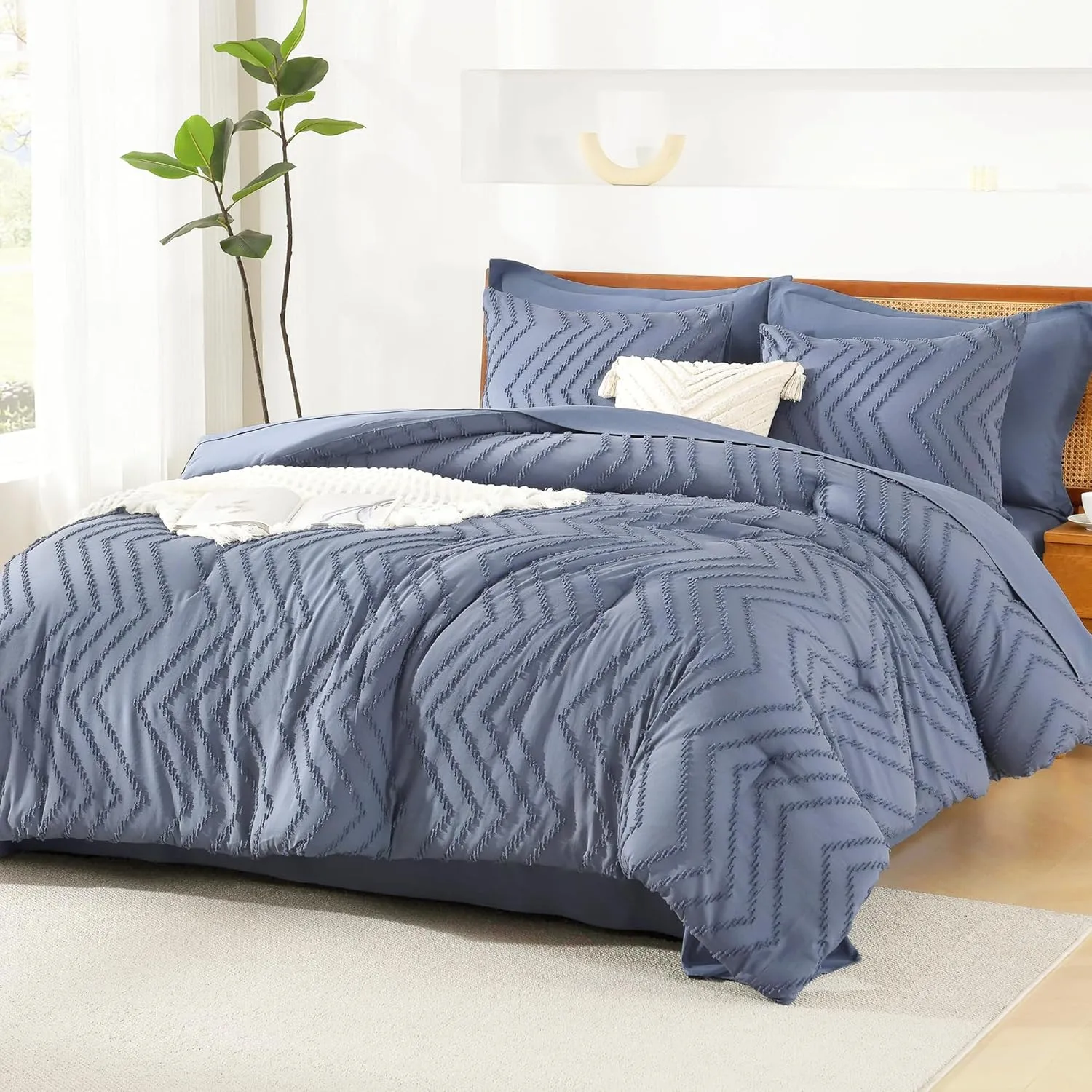 Litanika Full Size Comforter Set with Sheets Bluish Blue - 7 Pieces Bed in a Bag Full Chevron Tufted Complete Beddding Sets with Comforter, Sheets, Pillowcases & Shams