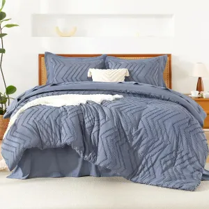Litanika Full Size Comforter Set with Sheets Bluish Blue - 7 Pieces Bed in a Bag Full Chevron Tufted Complete Beddding Sets with Comforter, Sheets, Pillowcases & Shams