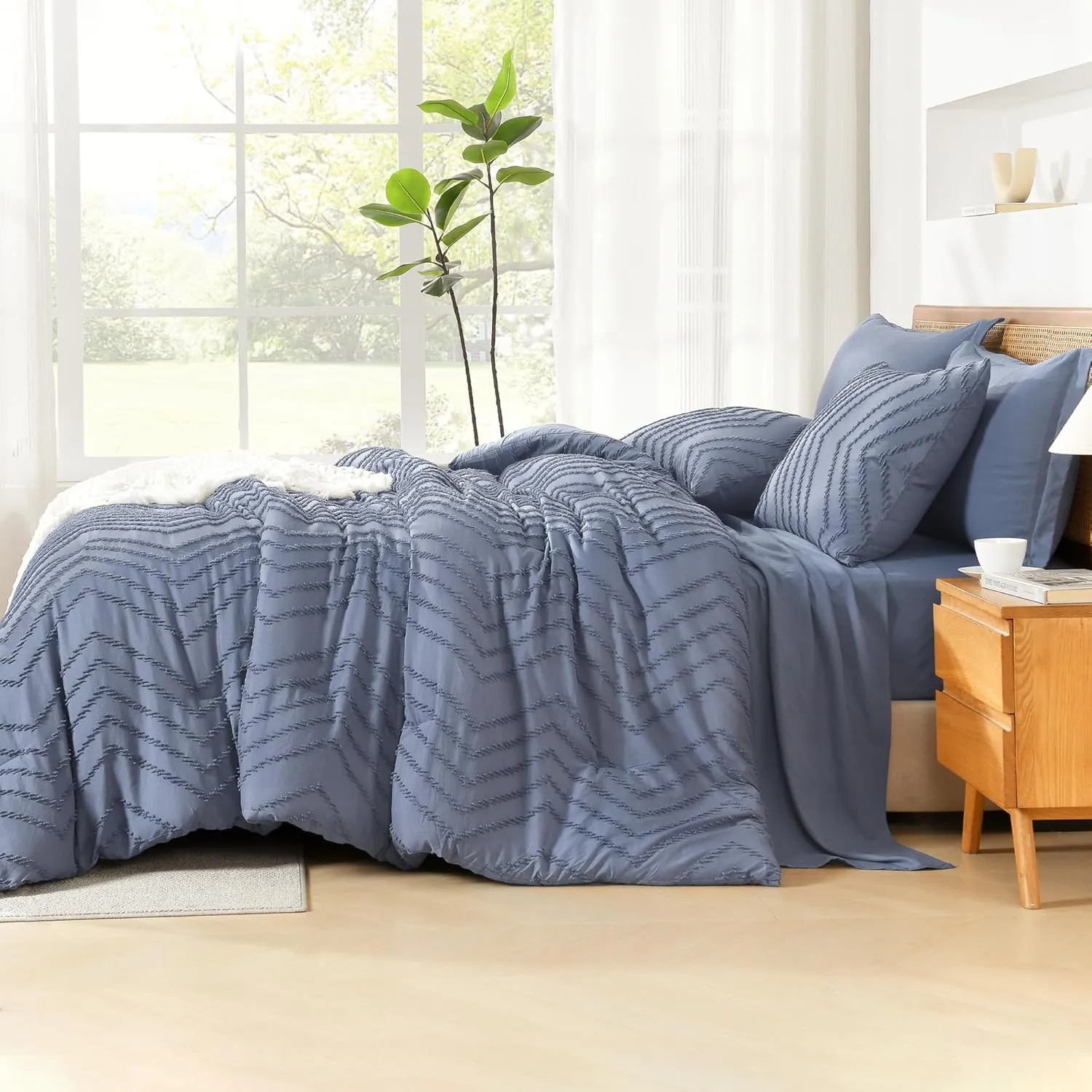 Litanika Full Size Comforter Set with Sheets Bluish Blue - 7 Pieces Bed in a Bag Full Chevron Tufted Complete Beddding Sets with Comforter, Sheets, Pillowcases & Shams