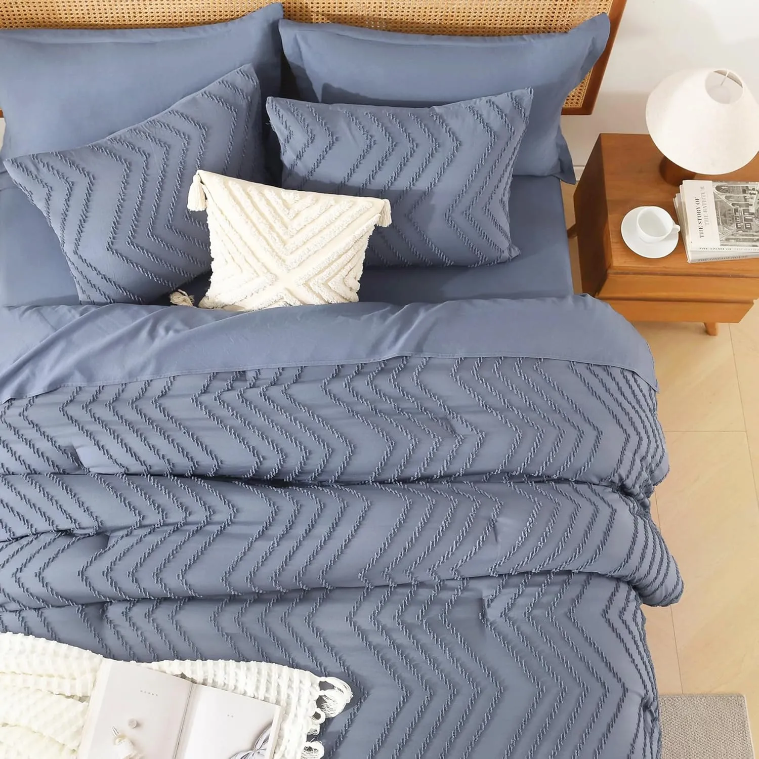 Litanika Full Size Comforter Set with Sheets Bluish Blue - 7 Pieces Bed in a Bag Full Chevron Tufted Complete Beddding Sets with Comforter, Sheets, Pillowcases & Shams