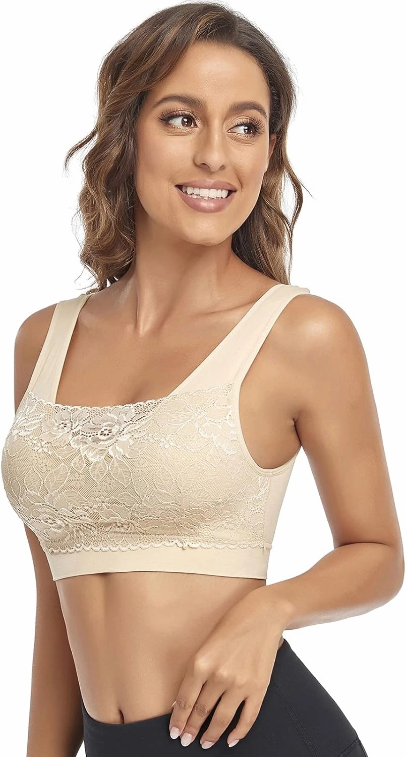 Litthing Lace Bralettes for Women Padded Sports Bra Seamless Plus Size Tank Tops Wirefree Comfort Yoga Cami T Shirt Bras