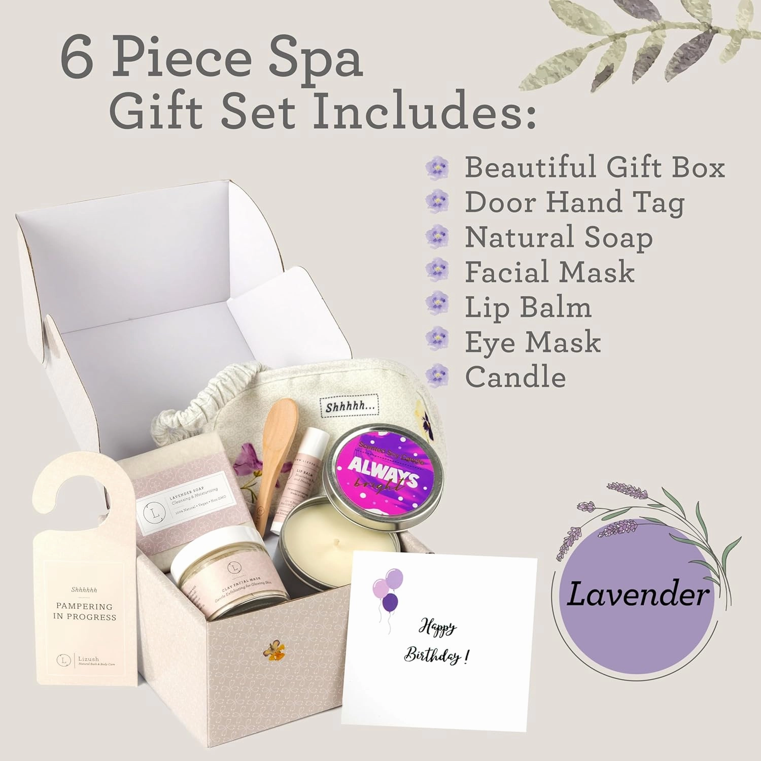 Lizush Luxury 6-Piece Lavender Spa Kit for Women - Relaxation Spa Gift Basket, Self-Care Care Package for Wife - Happy Birthday - Handmade in the USA
