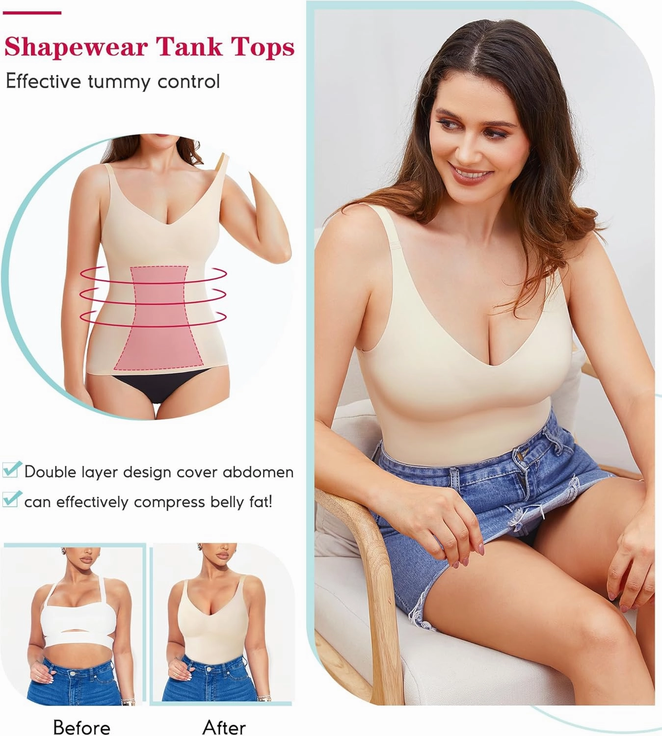 LODAY Compression Tank Tops for Women Tummy Control Shapewear Seamless Body Shaper Workout V-Neck Camisole Cami Tops