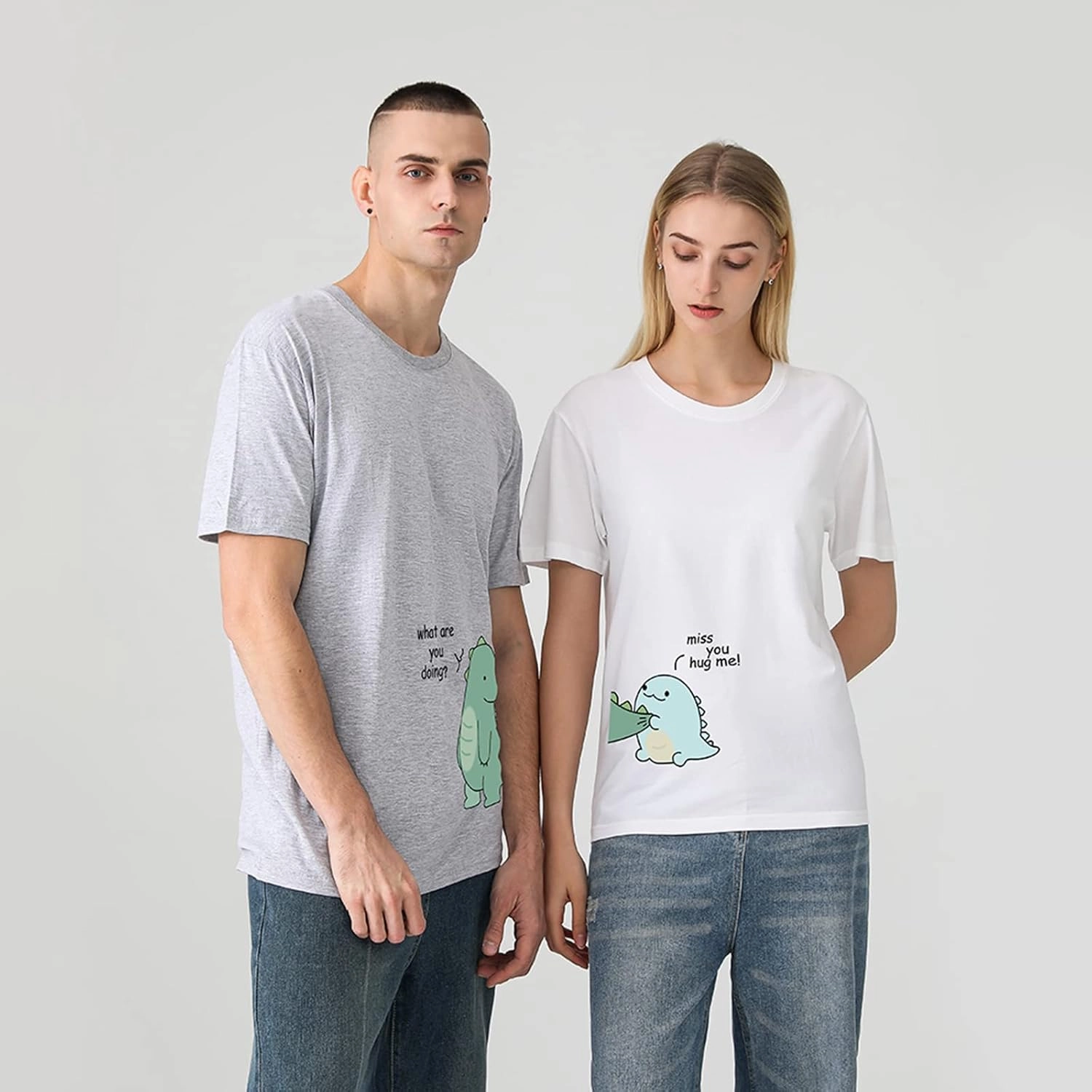 Lovely Dinosaur Matching Tee for Couple - Husband & Wife, Pure Cotton, Ideal for Lovers