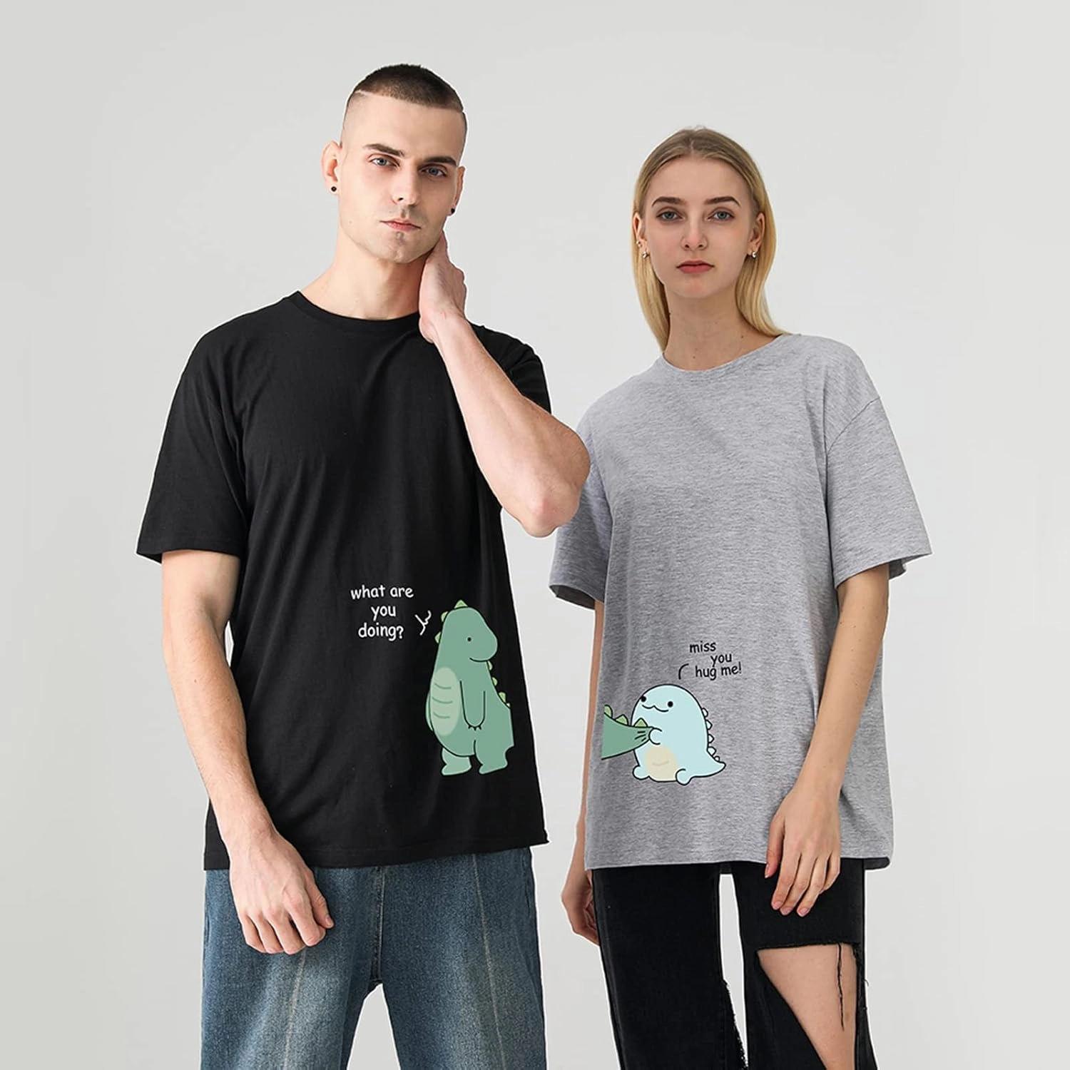 Lovely Dinosaur Matching Tee for Couple - Husband & Wife, Pure Cotton, Ideal for Lovers