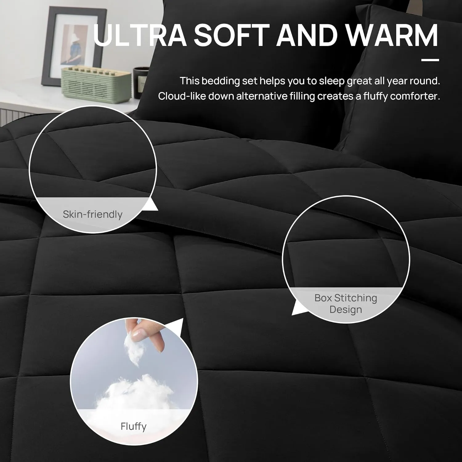 Love's cabin King Size Comforter Set Black, 7 Pieces King Bed in a Bag, All Season Bedding Sets with 1 Comforter, 1 Flat Sheet, 1 Fitted Sheet, 2 Pillowcase and 2 Pillow Sham