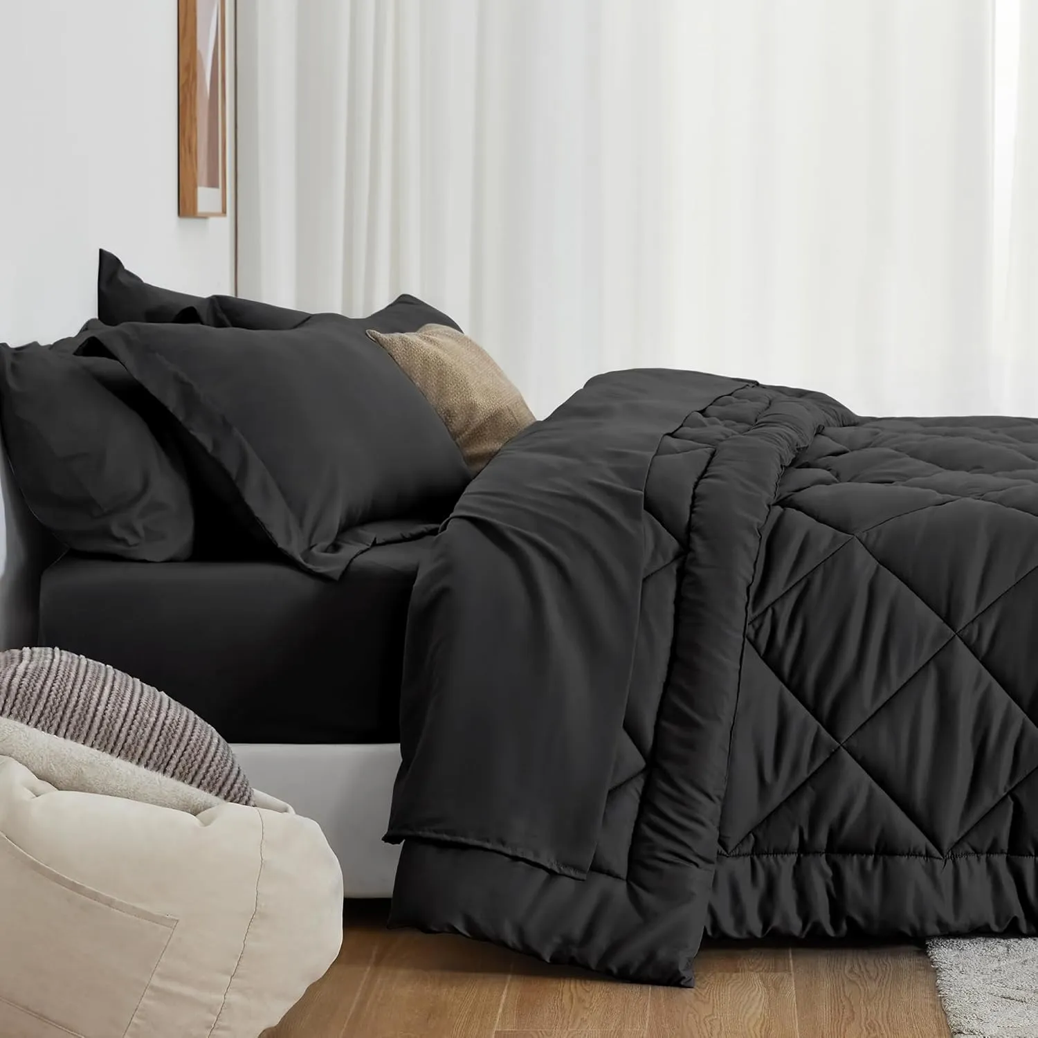Love's cabin King Size Comforter Set Black, 7 Pieces King Bed in a Bag, All Season Bedding Sets with 1 Comforter, 1 Flat Sheet, 1 Fitted Sheet, 2 Pillowcase and 2 Pillow Sham