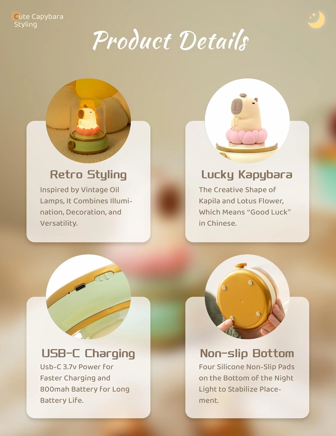 Lucky Capybara Night Light, Cute Rechargeable Lamp for Kids, Rotatable Brightness Adjustment, Lucky Capybara Gift (Yellow)