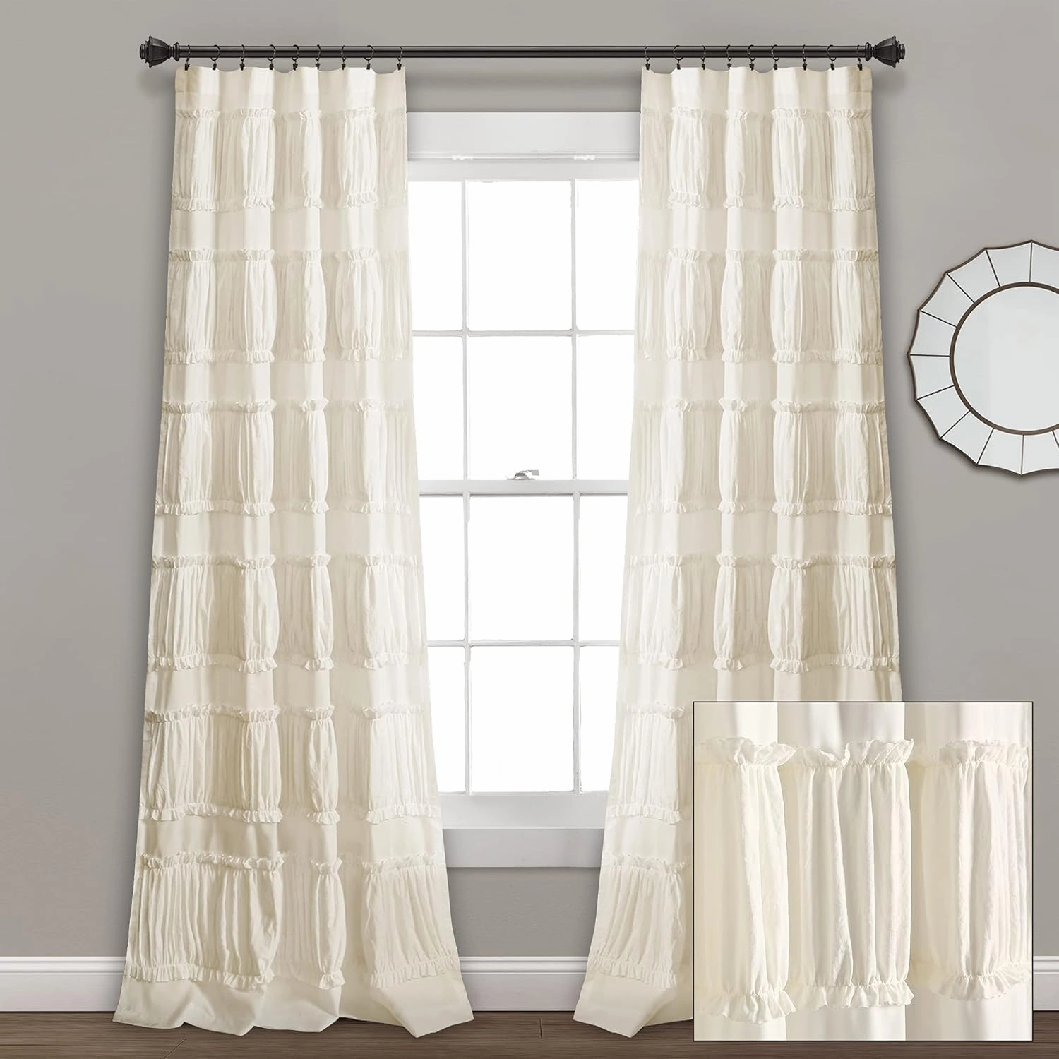 Lush Decor Nova Ruffle Window Curtain Panel Pair, 42"W x 95"L, Ivory