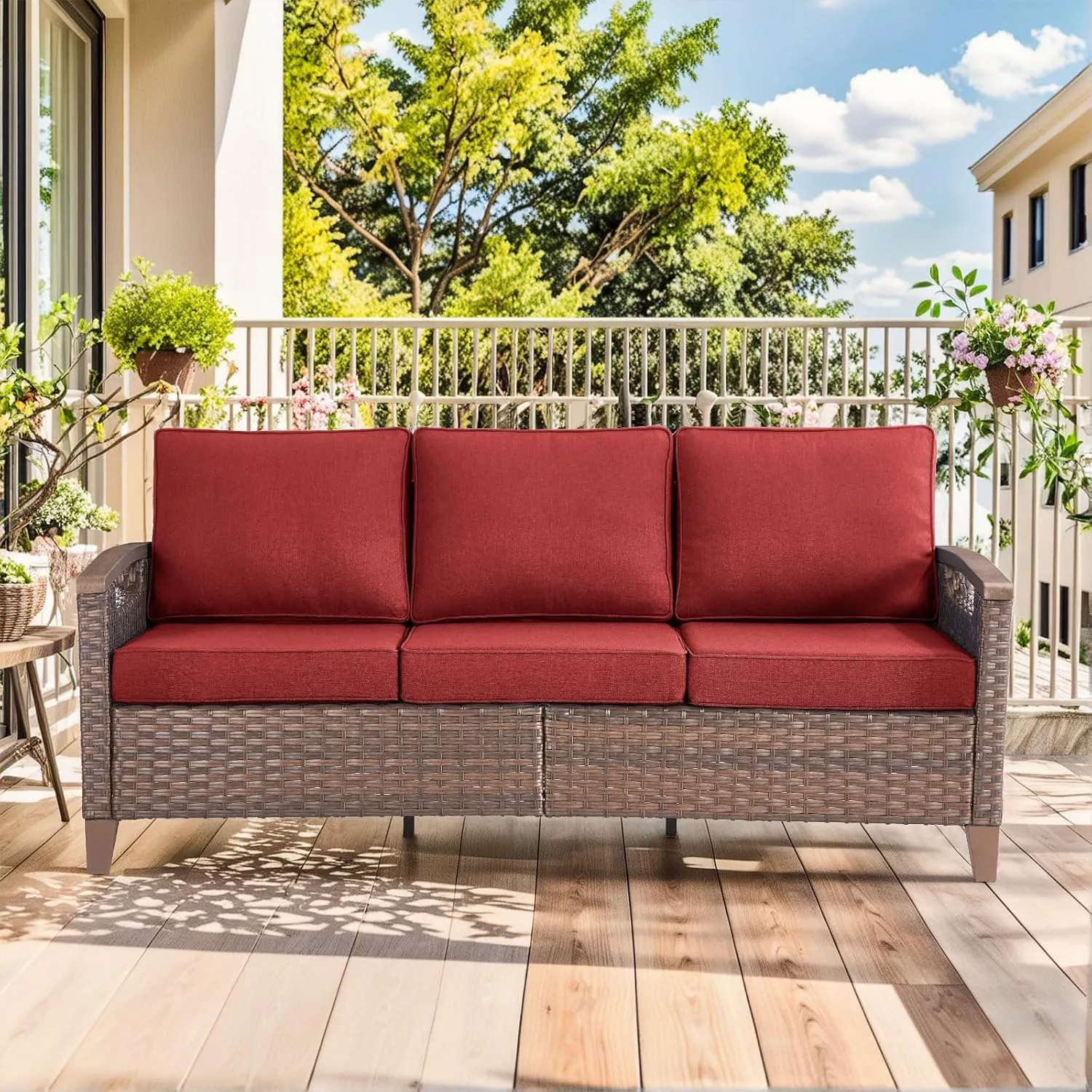 Luxury 9 Piece Heavy Duty Patio Furniture Set with Swivel Chairs - All Weather Wicker Comfort Thick Cushion Outdoor Conversation Set for Porch Poolside Deck - Red