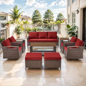 Luxury 9 Piece Heavy Duty Patio Furniture Set with Swivel Chairs - All Weather Wicker Comfort Thick Cushion Outdoor Conversation Set for Porch Poolside Deck - Red